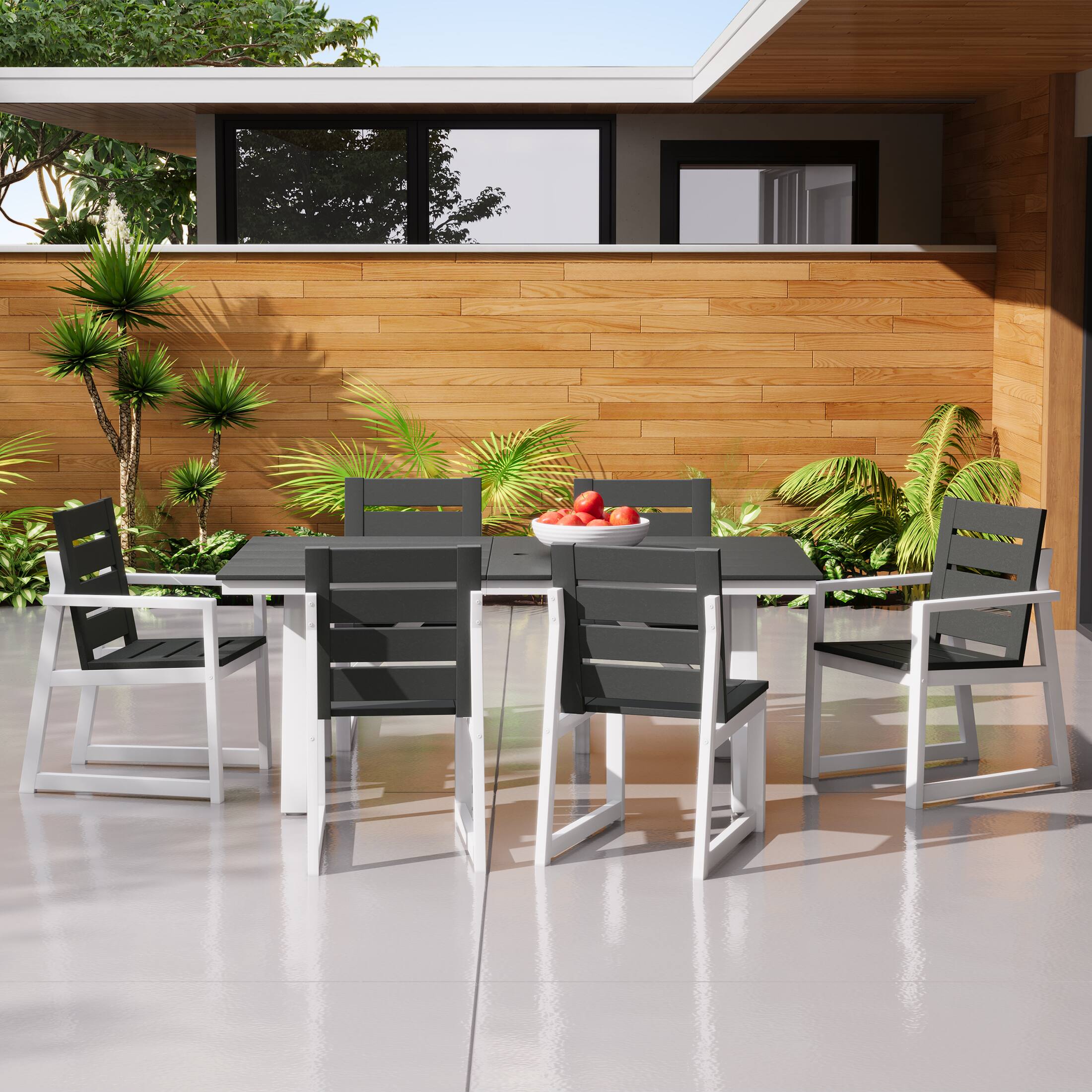 Angle. WestinTrends - WestinTrends Cape May 7-Piece HDPE Outdoor Furniture Patio Dining Table With Umbrella Hole and Chairs Set For 6 - Gray.