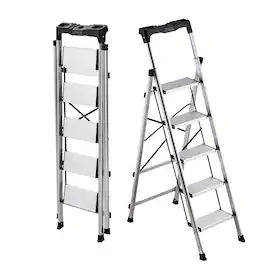 VEVOR - 5 Step Ladder, Folding Step Stool with Wide Anti-Slip Pedal and Comfort Handgrip, 330 lbs Capacity Portable Aluminum - Silver