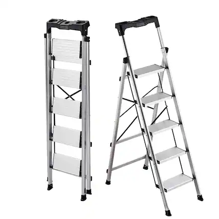 Front. VEVOR - 5 Step Ladder, Folding Step Stool with Wide Anti-Slip Pedal and Comfort Handgrip, 330 lbs Capacity Portable Aluminum - Silver.
