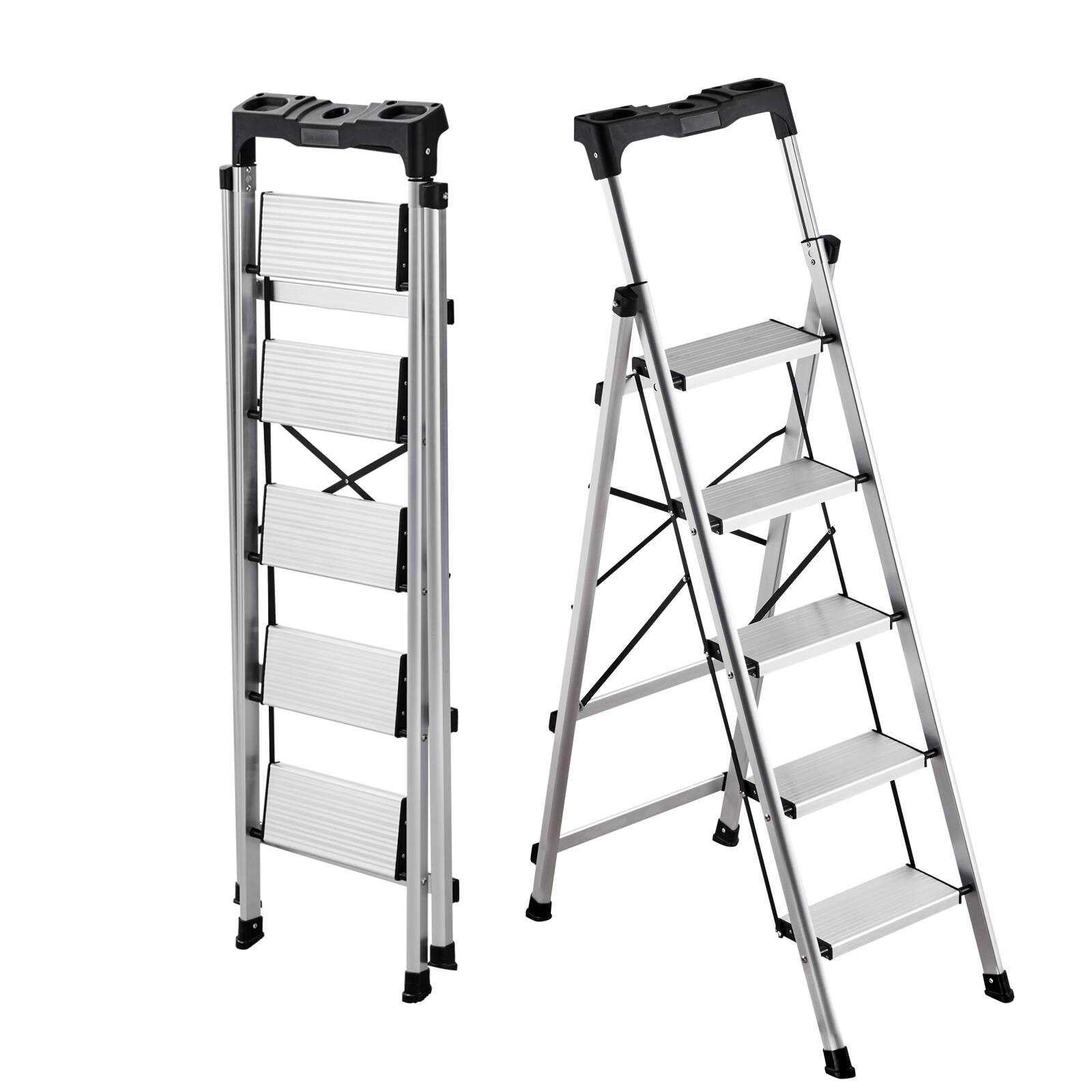 Front. VEVOR - 5 Step Ladder, Folding Step Stool with Wide Anti-Slip Pedal and Comfort Handgrip, 330 lbs Capacity Portable Aluminum - Silver.