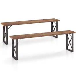 Gymax - 59'' Outdoor Acacia Wood Benches Set of 2 for 2-3 Person w/ Metal Support - Natural, Black