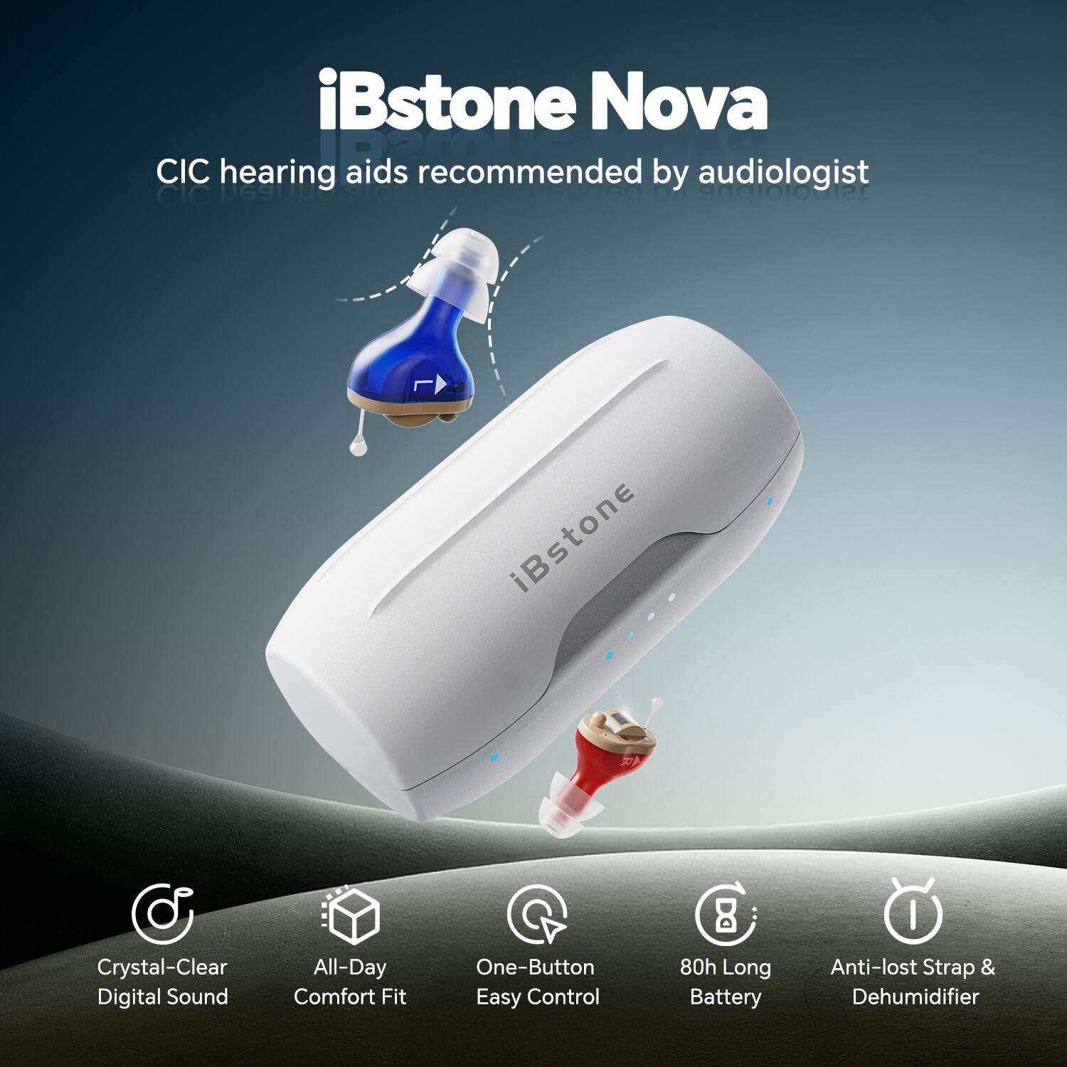 iBstone Nova CIC hearing aids recommended by audiologist

- Crystal-Clear Digital Sound
- All-Day Comfort Fit
- One-Button Easy Control
- 80h Long Battery
- Anti-lost Strap & Dehumidifier