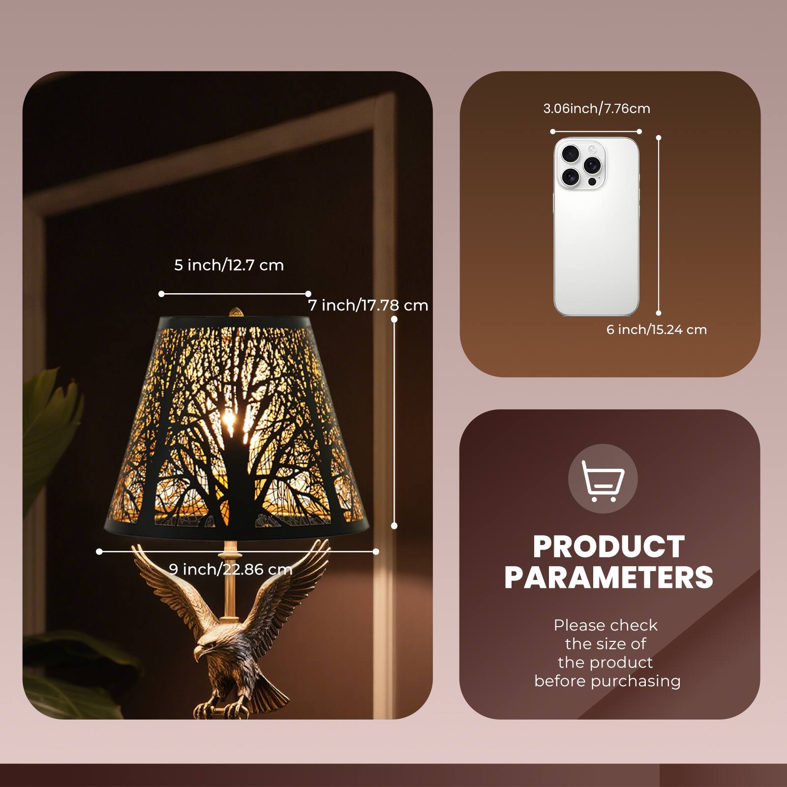 3.06inch/7.76cm, 5 inch/12.7 cm, 7 inch/17.78 cm, 6 inch/15.24 cm, 9 inch/22.86 cm, PRODUCT PARAMETERS, Please check the size of the product before purchasing