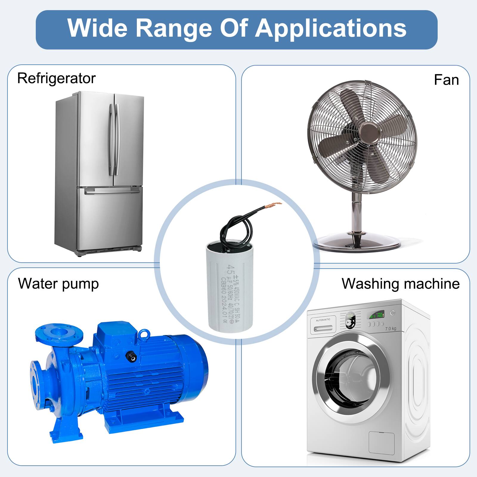Wide Range Of Applications

- Refrigerator
- Fan
- Water pump
- Washing machine

45 u? 5 CBB60 50 5060H 450VAC 40 C 2024.01 8 SH50A S C P

7.0kg