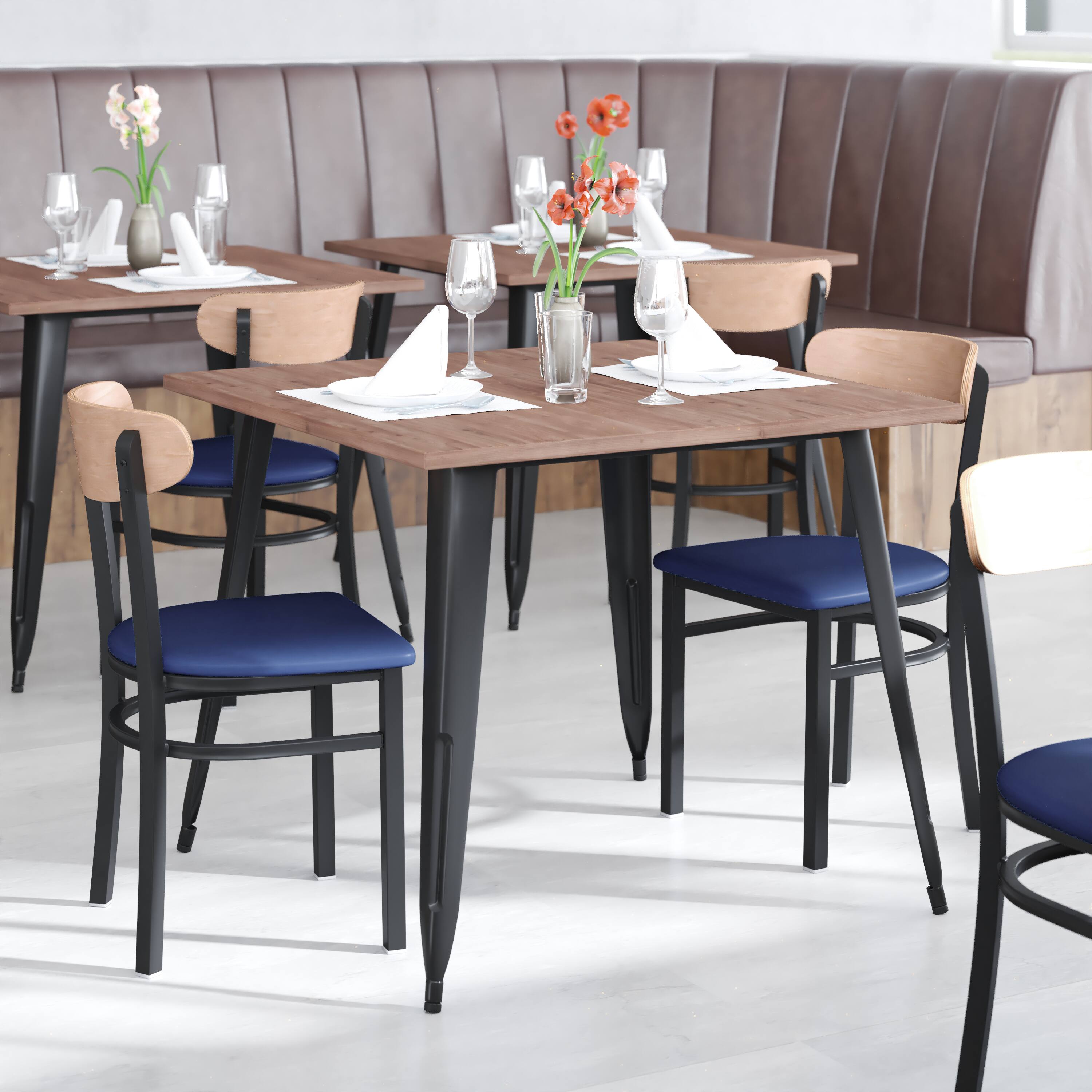Alt View 4. Emma + Oliver - Yara Industrial Dining Chair with Rolled Steel Frame and Solid Wood Seat - 500 lbs. Static Weight Capacity - Natural Birch Wood Back/Blue Vinyl Seat.