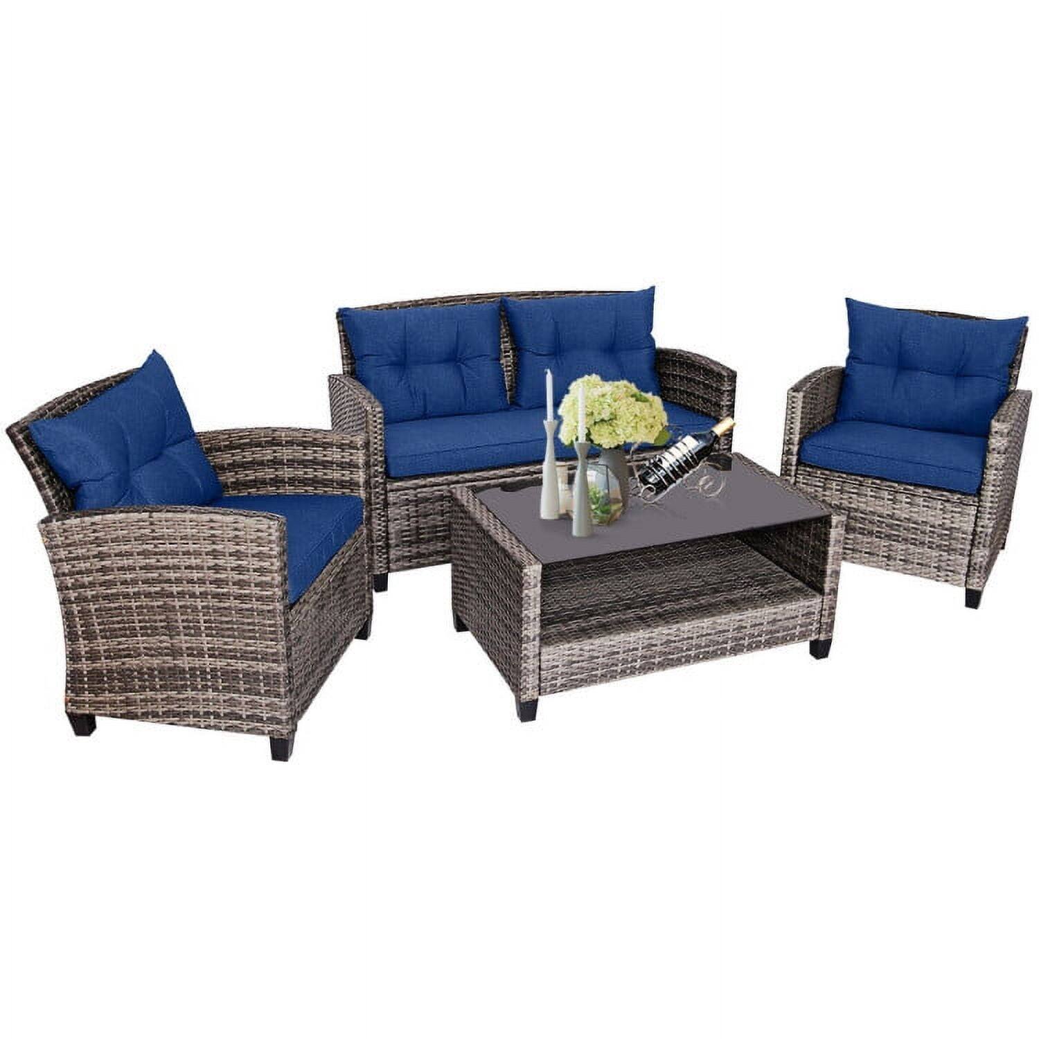 Alt View 1. Pefilos - Patio Furniture 4 Pieces Patio Rattan Furniture Set, Outdoor Wicker Rattan Chairs Garden Backyard Balcony Porch - Blue.