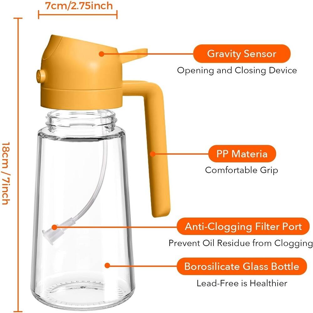 7cm/2.75inch Gravity Sensor Opening and Closing Device  
18cm/7inch PP Material Comfortable Grip  
Anti-Clogging Filter Port Prevent Oil Residue from Clogging  
Borosilicate Glass Bottle Lead-Free is Healthier