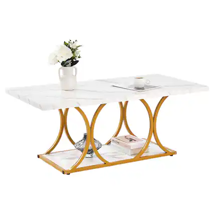 Front. VEVOR - Coffee Table, Modern Faux Marble Coffee Table, Large 2-Tier Rectangle Center Desk with Geometric Legs, for Living Room - White+Gold.
