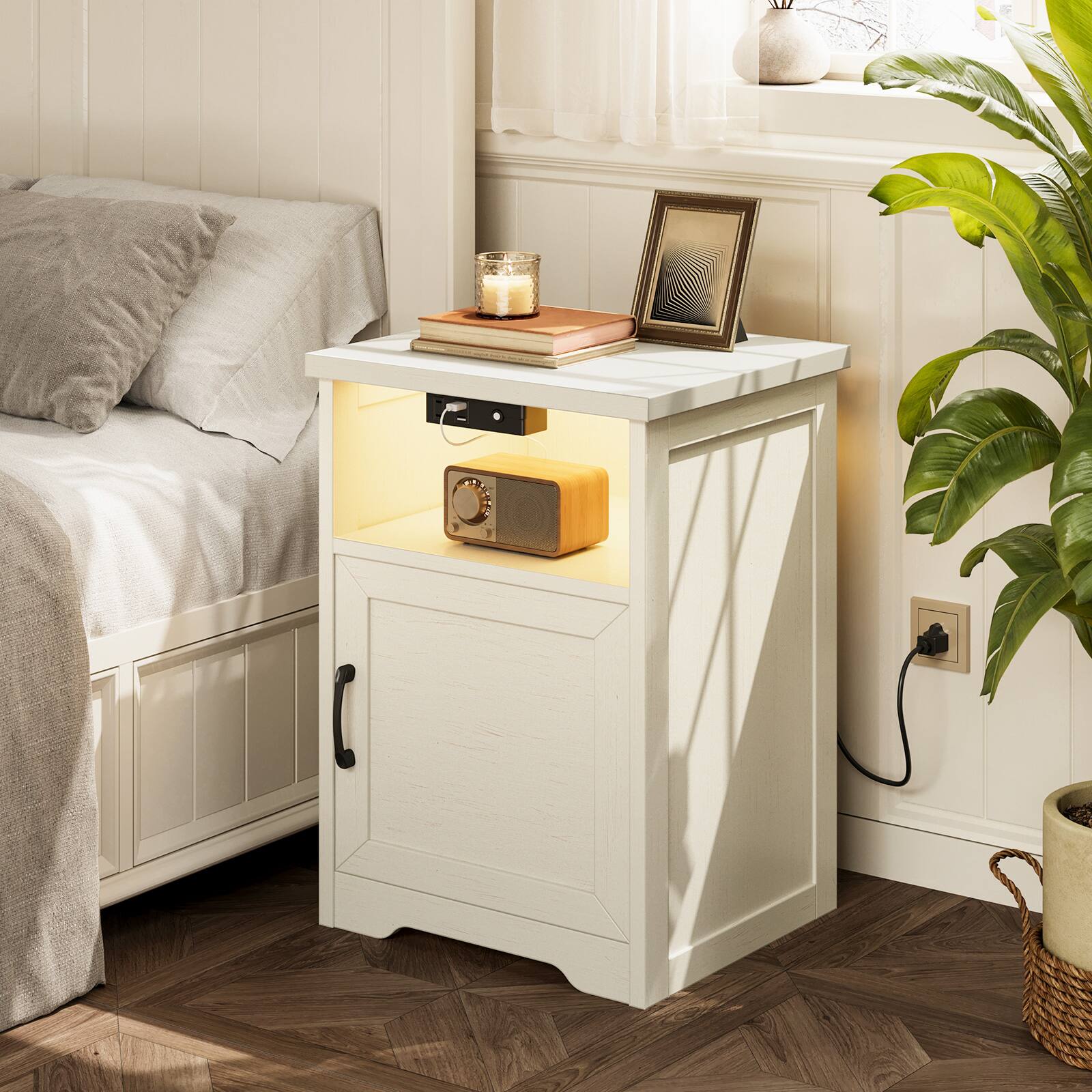 Alt View 2. AODK - Farmhouse Nightstand with Charging Station & LED Lights, End Tables with Storage & Open Shelf（Set of 2） - White.
