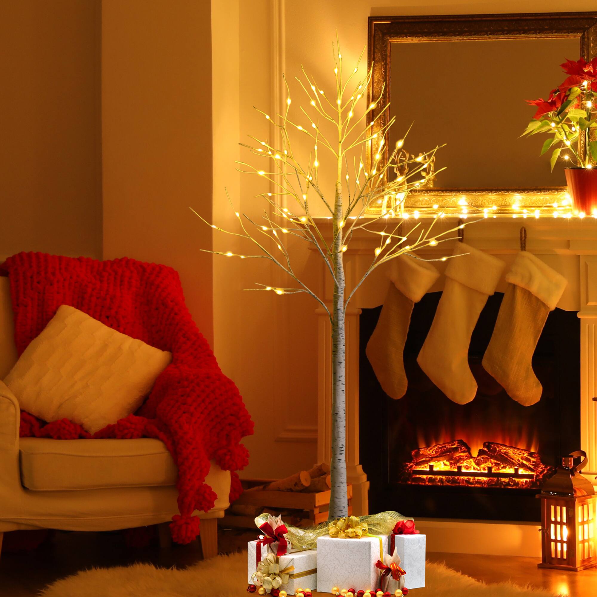 Alt View 3. Gymax - Gymax 5 FT Pre-lit White Birch Tree Artificial Twig Birch Tree Christmas Decor - White.