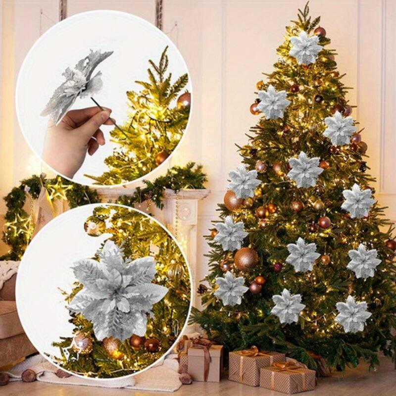 Back. Oumilen - 10 Pcs Silver Glitter Poinsettia Flowers – Hollow Xmas Ornaments with Stems for Wreath Garland Holiday Decor.