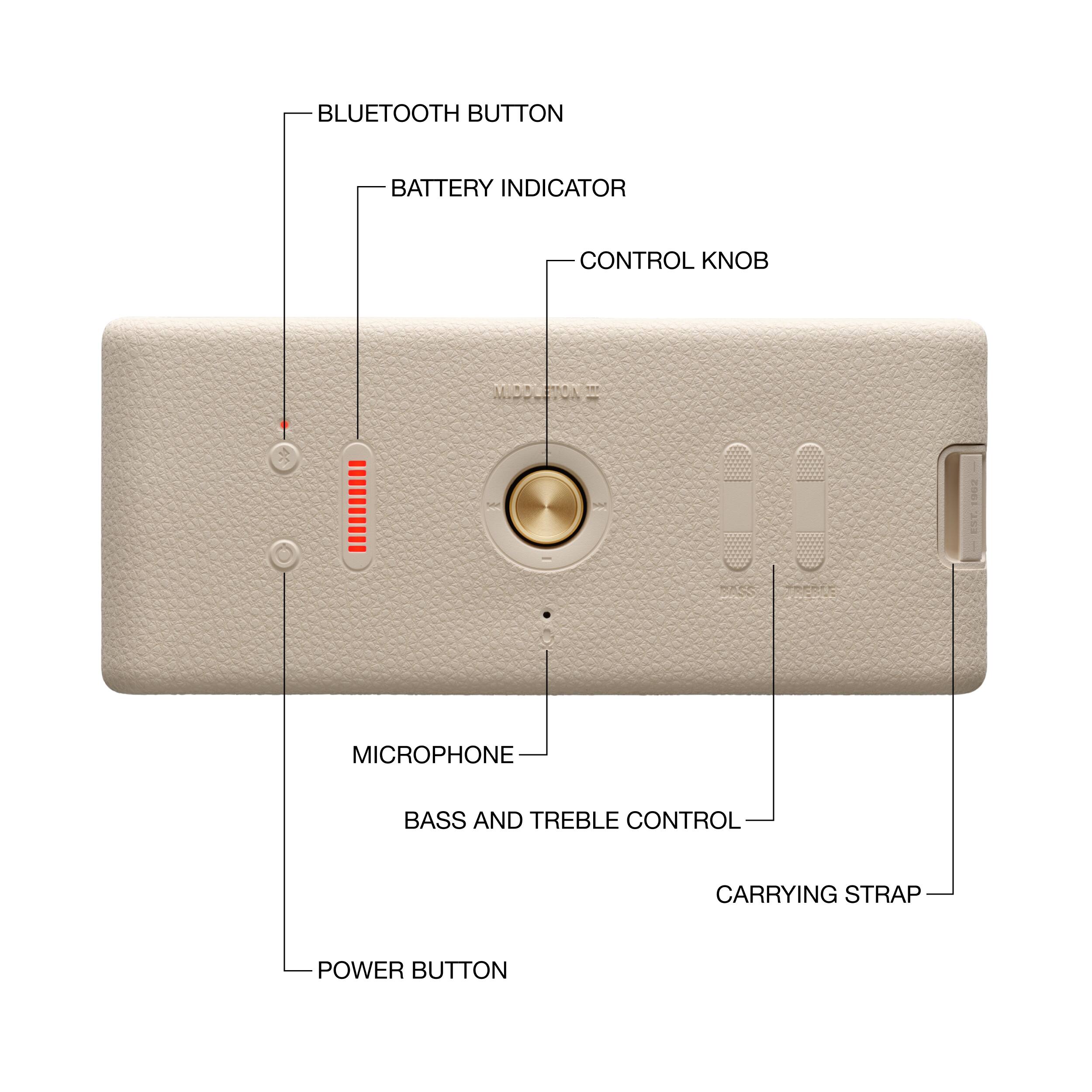 BLUETOOTH BUTTON BATTERY INDICATOR CONTROL KNOB MICROPHONE BASS AND TREBLE CONTROL CARRYING STRAP POWER BUTTON