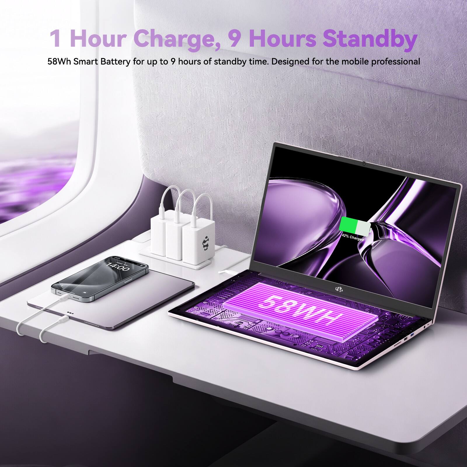 1 Hour Charge, 9 Hours Standby  
58Wh Smart Battery for up to 9 hours of standby time. Designed for the mobile professional
