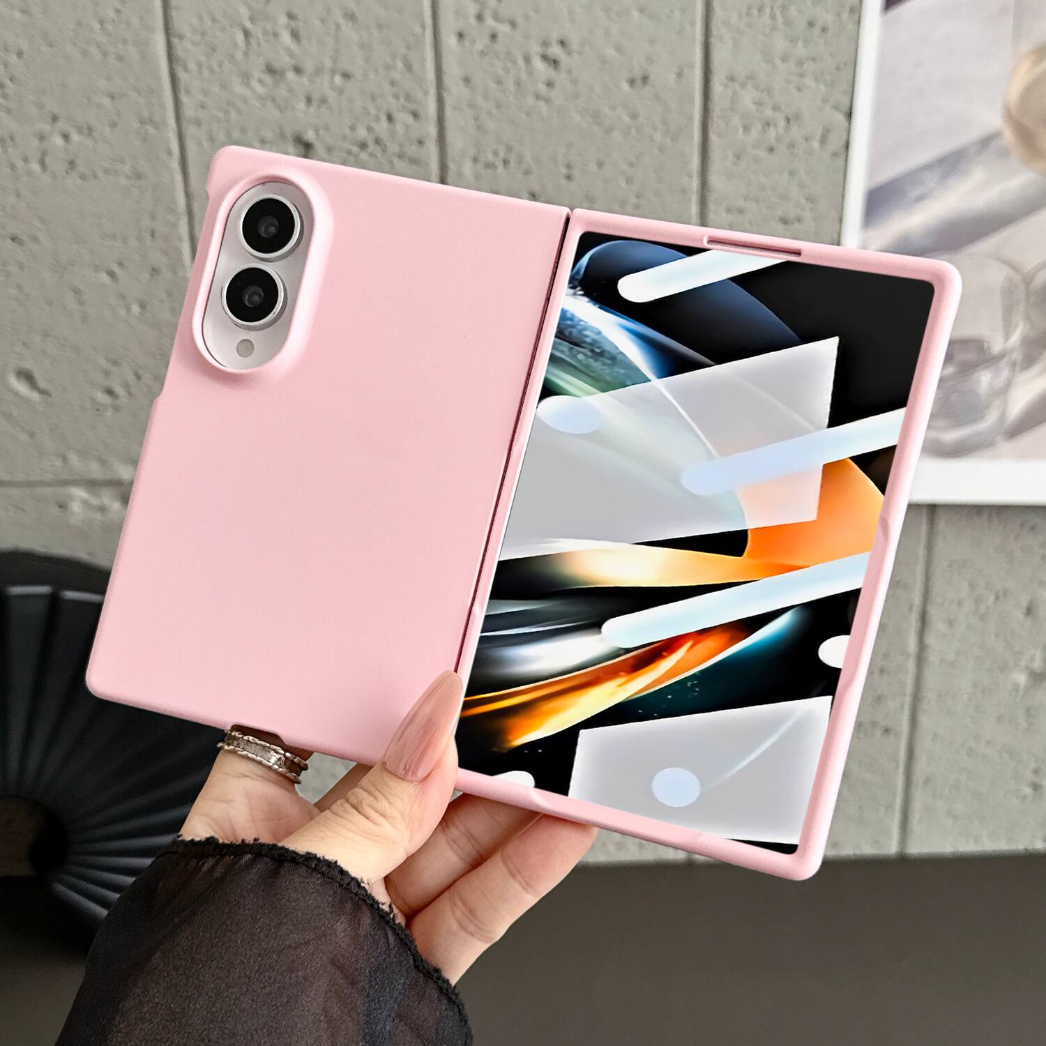 Angle. Dteck - for Samsung Galaxy Z Fold8 Rugged Slim Case with Built-in Tempered Glass Protector,Skin-Friendly Shockproof PC Cover - Pink.