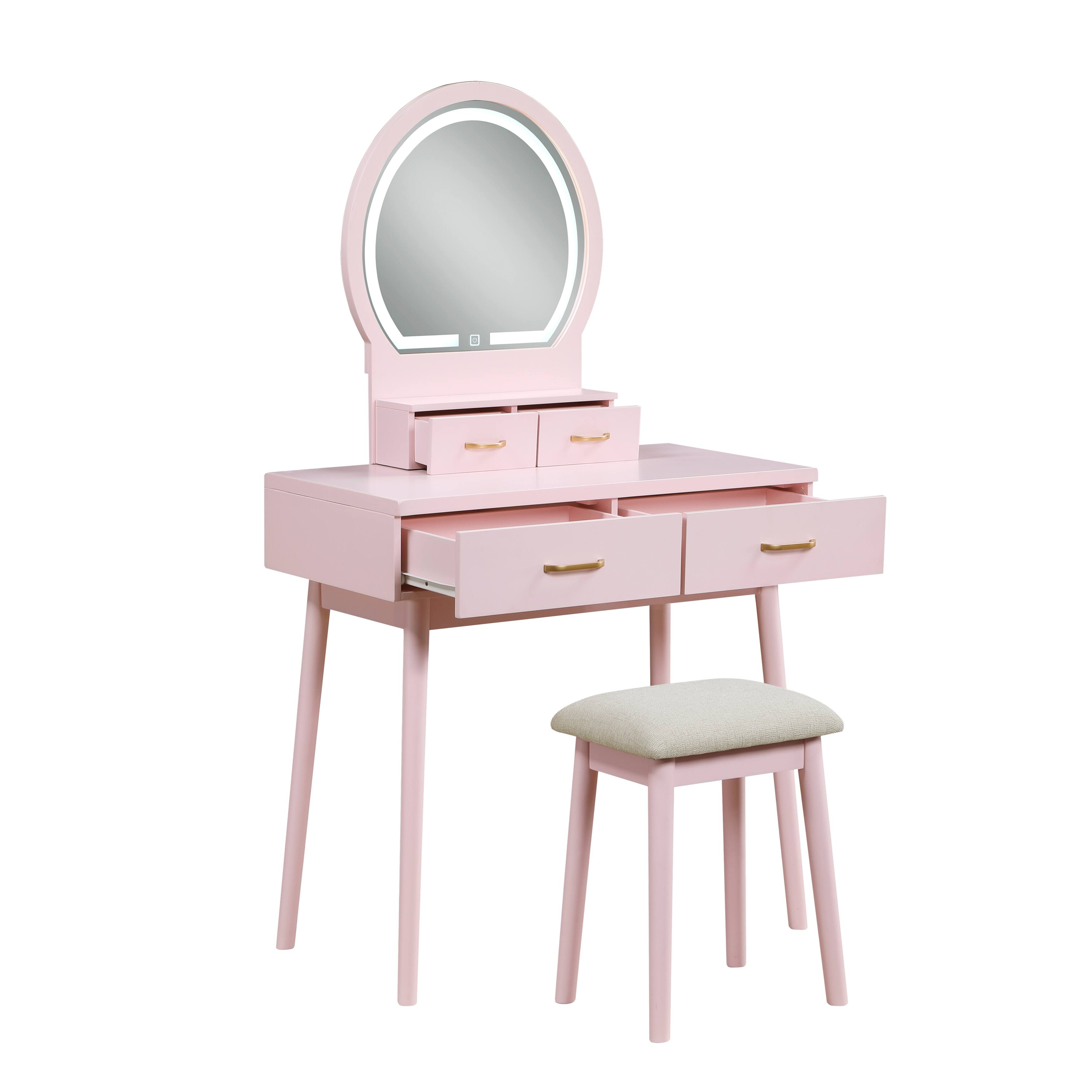 Left. APRILSOUL - Beautiful Pink Finish Vanity Dresser with Mirror and Stool Set Storage Drawers Bedroom Furniture 1pc - Pink.