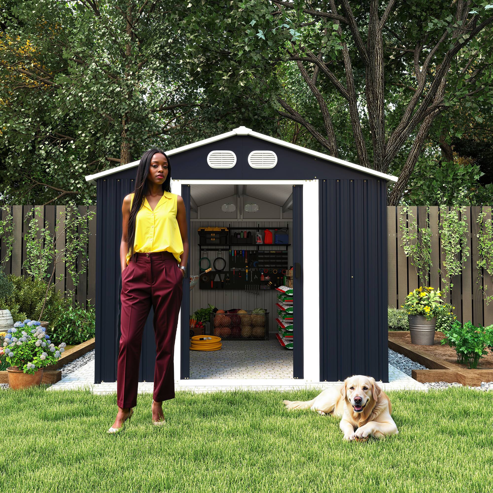 Alt View 1. Anysun - 8x12ft Metal Storage Shed with Lockable Door & Ventilation, Heavy-Duty Outdoor Garden Tool Shed for Backyard or Lawn - Dark Gray.