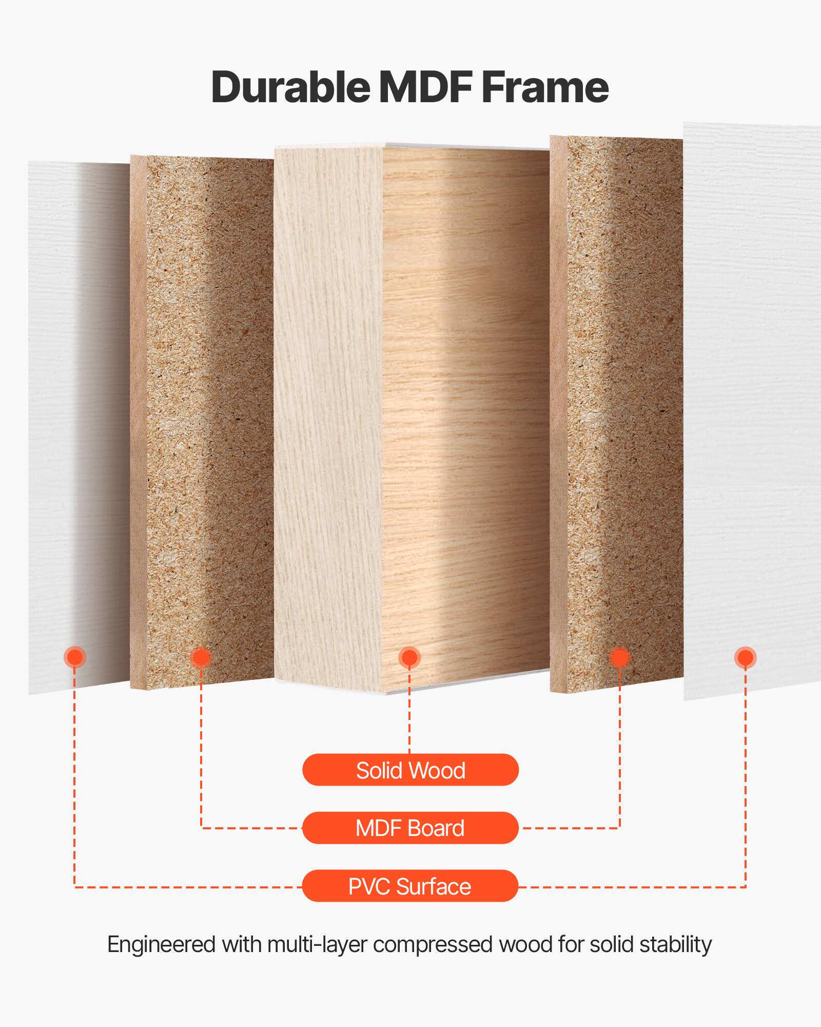 Durable MDF Frame  
Solid Wood MDF Board PVC Surface  
Engineered with multi-layer compressed wood for solid stability