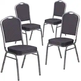 Emma + Oliver - 4 Pack Crown Back Stacking Banquet Chair - Black Patterned Fabric/Silver Vein Frame