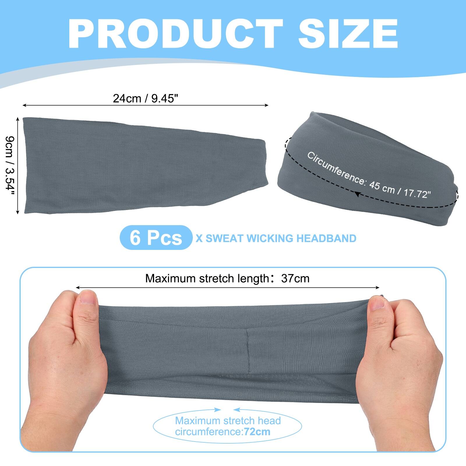 PRODUCT SIZE

24cm / 9.45"  
9cm / 3.54"  
Circumference: 45 cm / 17.72"  

6 Pcs X SWEAT WICKING HEADBAND  

Maximum stretch length: 37cm  
Maximum stretch head circumference: 72cm
