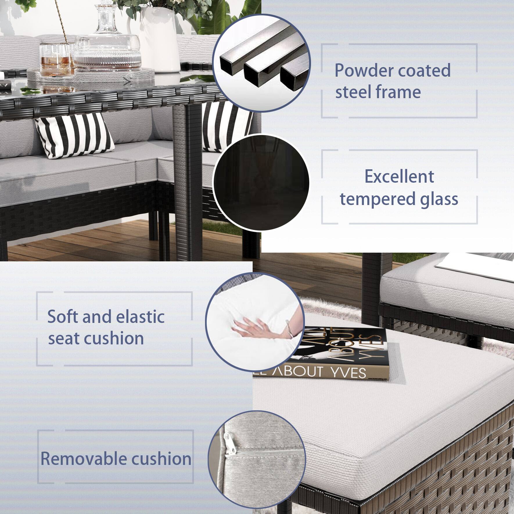 - Powder coated steel frame
- Excellent tempered glass
- Soft and elastic seat cushion
- Removable cushion

ABOUT YVES