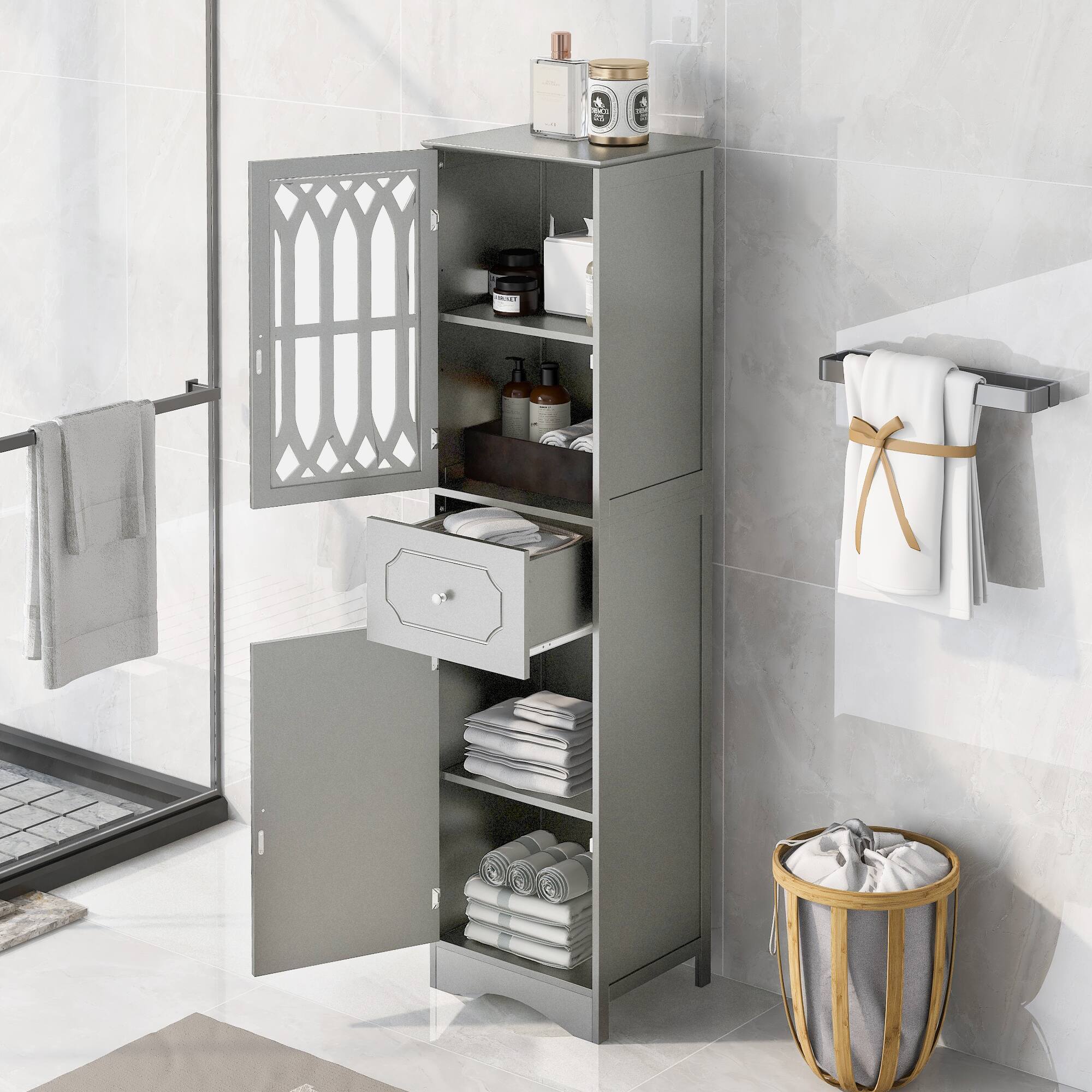 Alt View 1. Ecooso - Tall Bathroom Cabinet with Drawer, Doors & Adjustable Shelf, MDF with Acrylic Door - Gray.