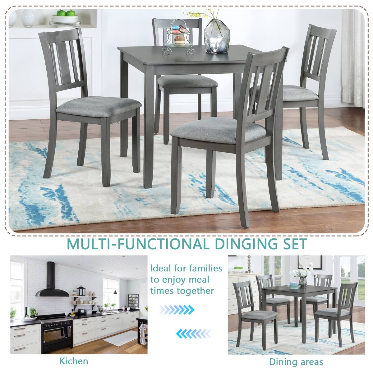 Loheer 5 Piece Dining Table Set for 4, Square Wood Table with ...