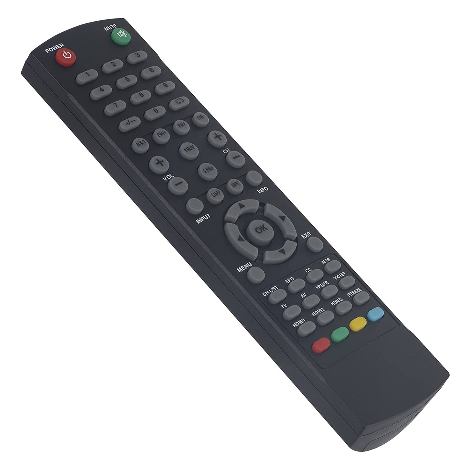 Sure, here is the corrected and grouped text from the image:

**Top Row:**
- POWER
- MUTE

**Number Pad:**
- 1 2 3
- 4 5 6
- 7 8 9
- 0

**Middle Row:**
- FAN
- FAN+
- ADO
- PIMIOUE
- CH
- SNOTE
- VOL
- CA
- SLEED
- INFO
- INPUT
- OK
- EXIT
- MTS
- MENU
- EPG
- VCHP
- YPBPR
- CH.LIST
- AV
- FREEZE
- TV
- DMOH
- SIMOH

**Bottom Row:**
- CC
- EPG
- CH.LIST
- AV
- FREEZE
- TV
- HOMI2
- HOMI1

**Color Buttons:**
- Red
- Green
- Yellow
- Blue