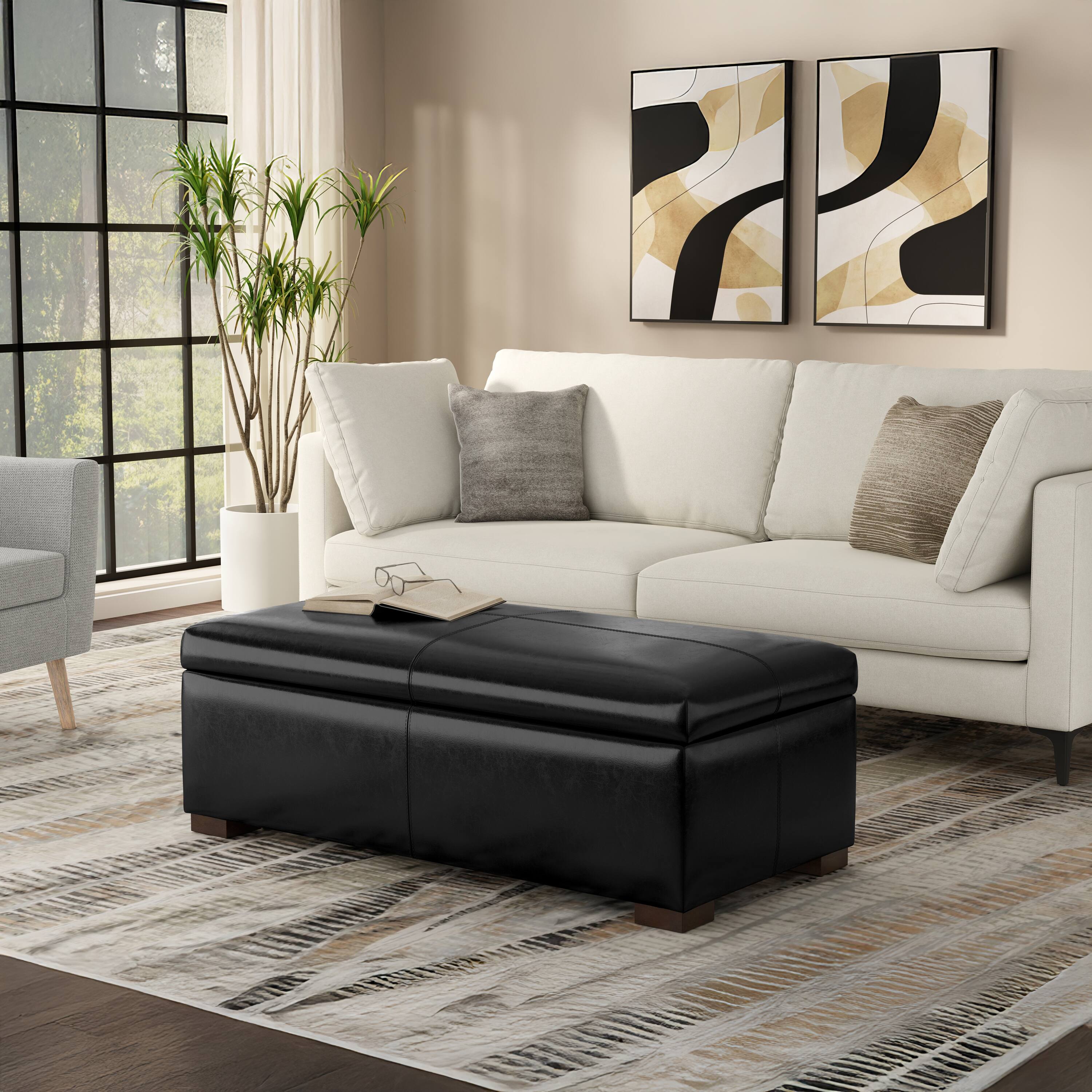 Left. Simpli Home - Gabbie 48 inch Wide Rectangular Storage Ottoman in Midnight Black PU Vegan Leather - Midnight Black.