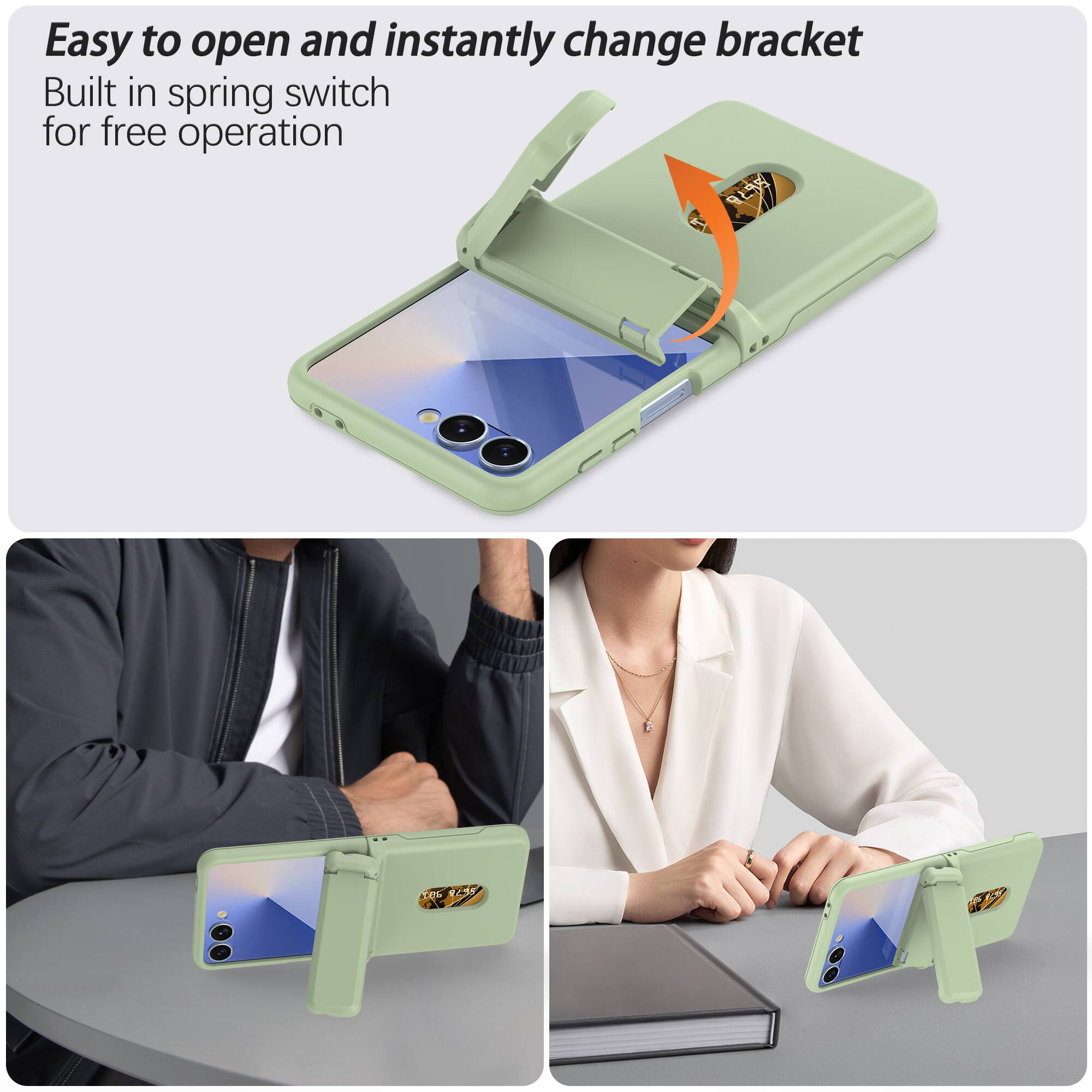 Easy to open and instantly change bracket  
Built in spring switch for free operation