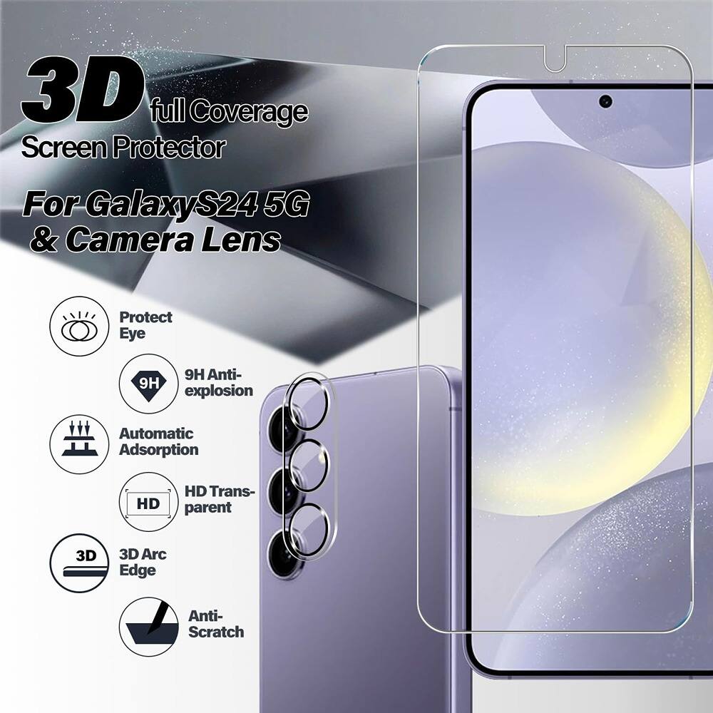 3D full Coverage Screen Protector  
For Galaxy S24 5G & Camera Lens  

- Protect Eye  
- 9H Anti-explosion  
- Automatic Adsorption  
- HD Transparent  
- 3D Arc Edge  
- Anti-Scratch