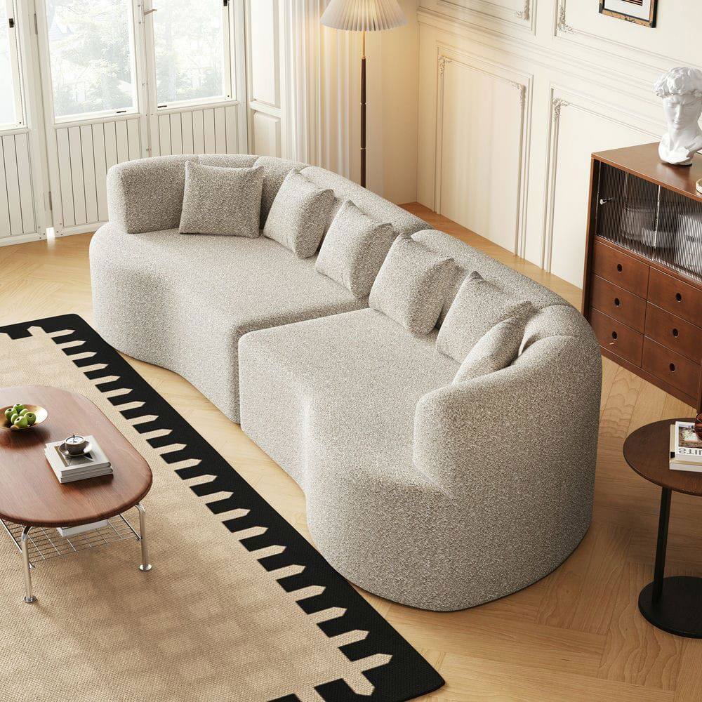 Back. Kadyn - 106.3" Curved Sectional Sofa, 4-Seater Corduroy Cloud Couch with 6 Pillows and Memory Foam - Light Beige.