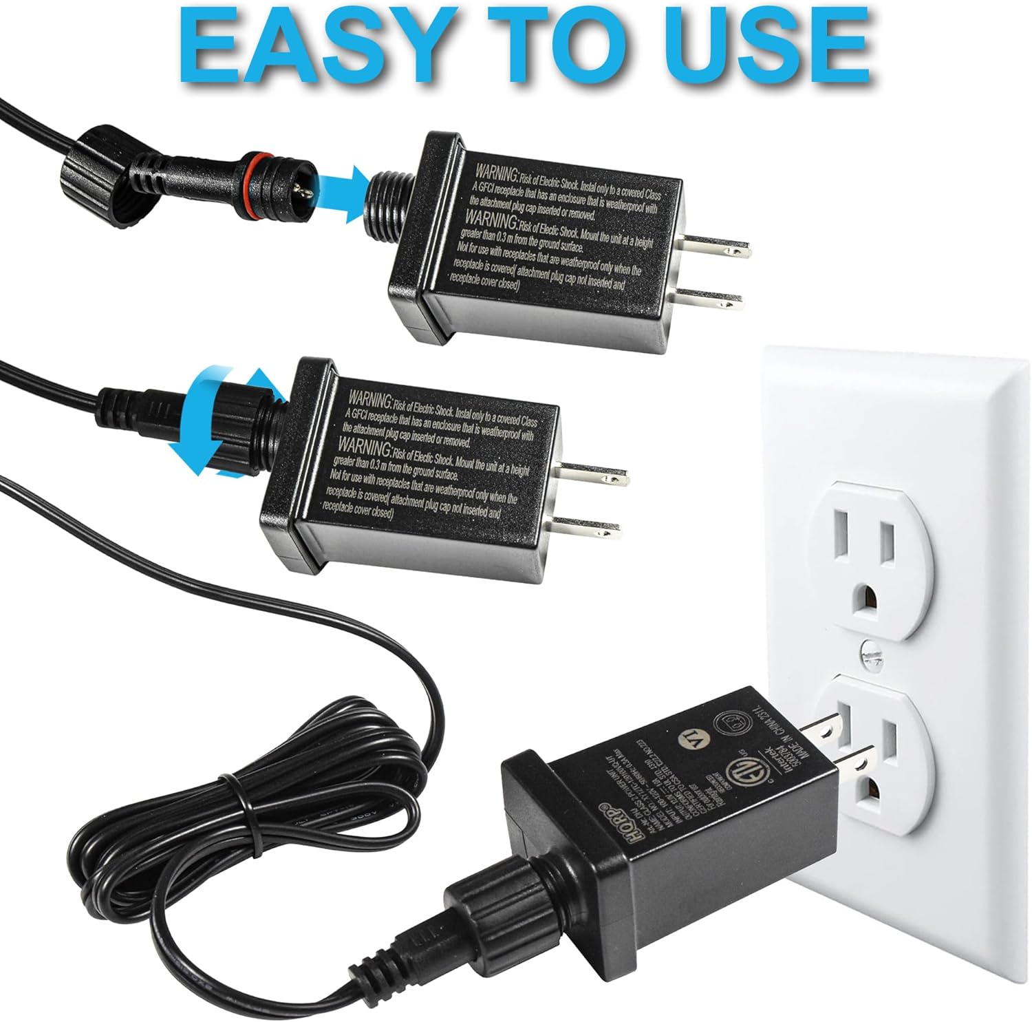 EASY TO USE

WARNING: A GFCI (Ground Fault Circuit Interrupter) is designed to protect against electric shock. The attachment plug must be inserted fully and securely into the receptacle. Do not use if the attachment plug is damaged or if the receptacle cover is damaged. WARNING: Risk of Electric Shock. The unit is only to be used with a grounded outlet. The attachment plug has an exposed metal part that is live when the unit is plugged in. Do not touch the exposed metal part. WARNING: Risk of Electric Shock. The unit is only to be used with a grounded outlet. The attachment plug has an exposed metal part that is live when the unit is plugged in. Do not touch the exposed metal part.