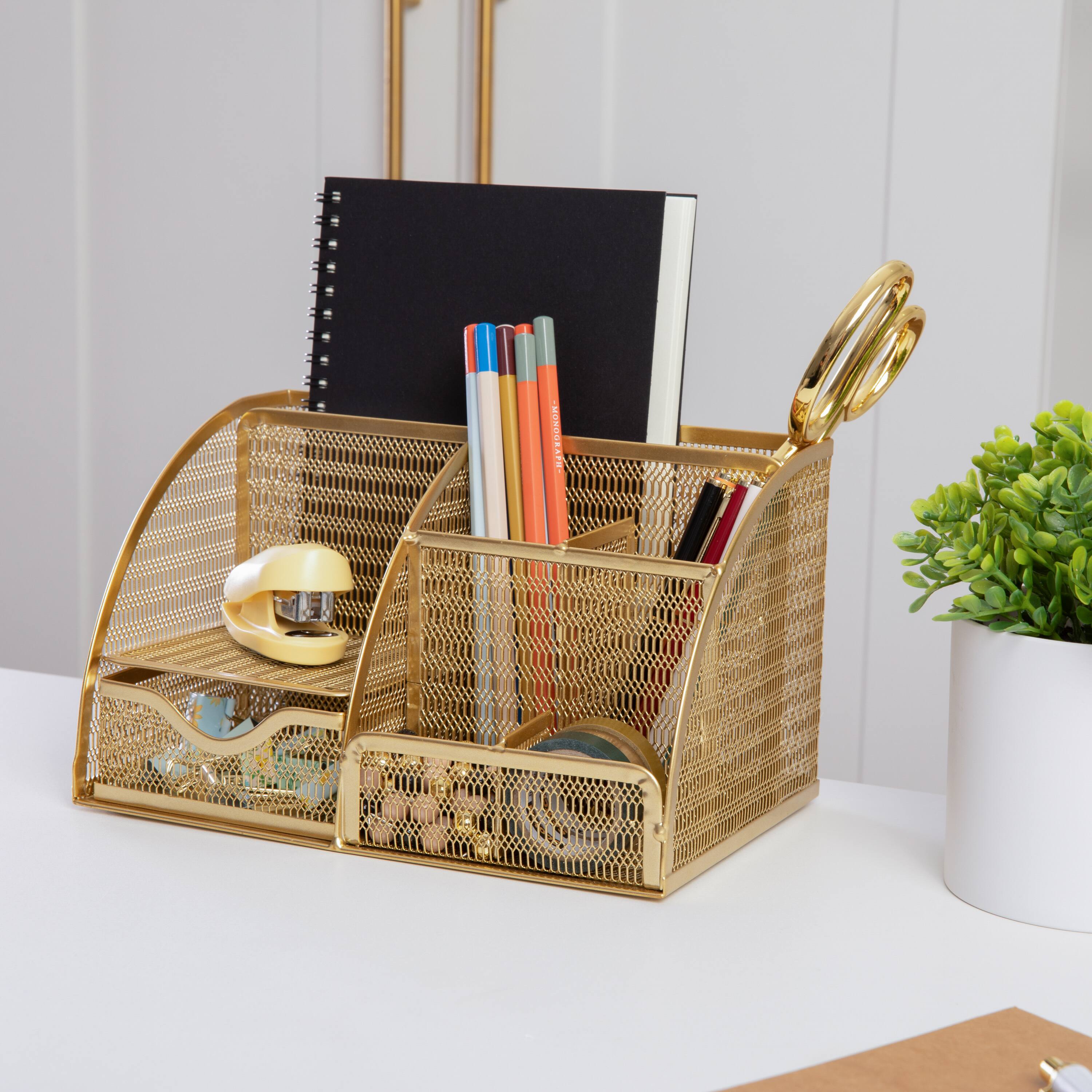 Alt View 11. Martha Stewart - Ryder Premium Mesh Metal Small Desktop Organizer With Drawer - Gold.