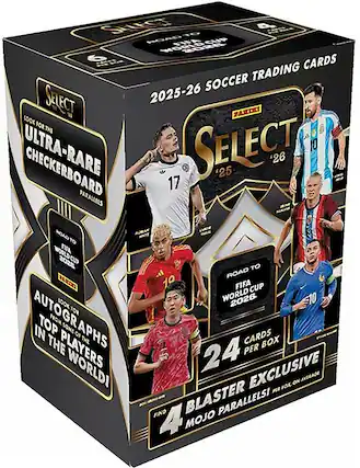 SELECT 2025-26 SOCCER TRADING CARDS
FANHUB
ROAD TO FIFA WORLD CUP 2028
ROAD TO FIFA WORLD CUP 2026
LOOK FOR THE ULTRA-RARE CHECKERBOARD PARALLELS
LOOK FOR AUTOGRAPHS FROM TOP PLAYERS IN THE WORLD!
24 CARDS PER BOX
FIND 4 BLASTER EXCLUSIVE MOJO PARALLELS!
SELECT 2025-26
FANHUB