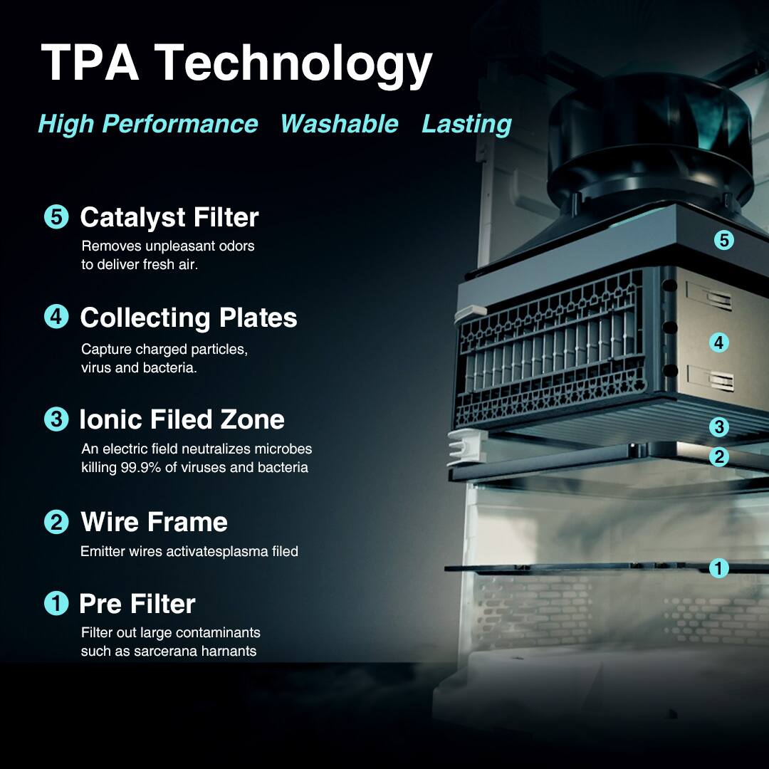 Technology High Performance Washable Lasting

5 Catalyst Filter Removes unpleasant odors to deliver fresh air.
4 Collecting Plates Capture charged particles, virus and bacteria.
3 Ionic Filed Zone An electric field neutralizes microbes killing 99.9% of viruses and bacteria
2 Wire Frame Emitter wires activatesplasma filed
1 Pre Filter Filter out large contaminants such as sarcerana harnants