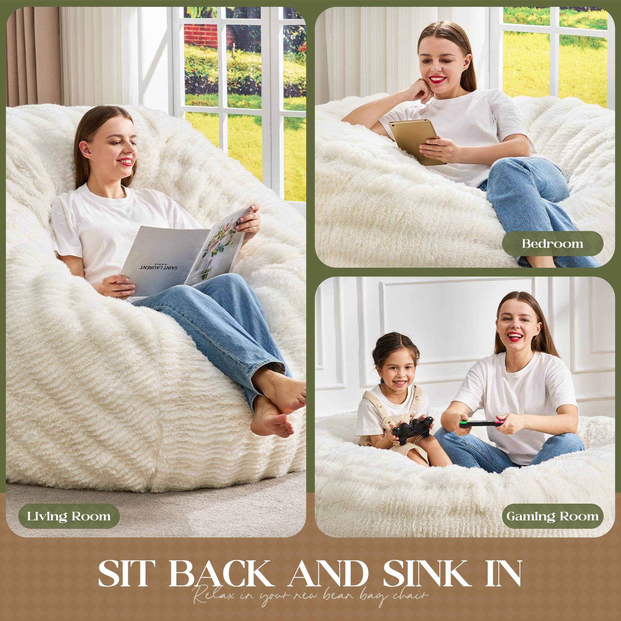 Sure, here is the corrected and grouped text from the image:

---

**Bedroom**

**Living Room**

**Gaming Room**

**SIT BACK AND SINK IN**

Relax in your new bean bag chair

---

**LINDA LINDS**