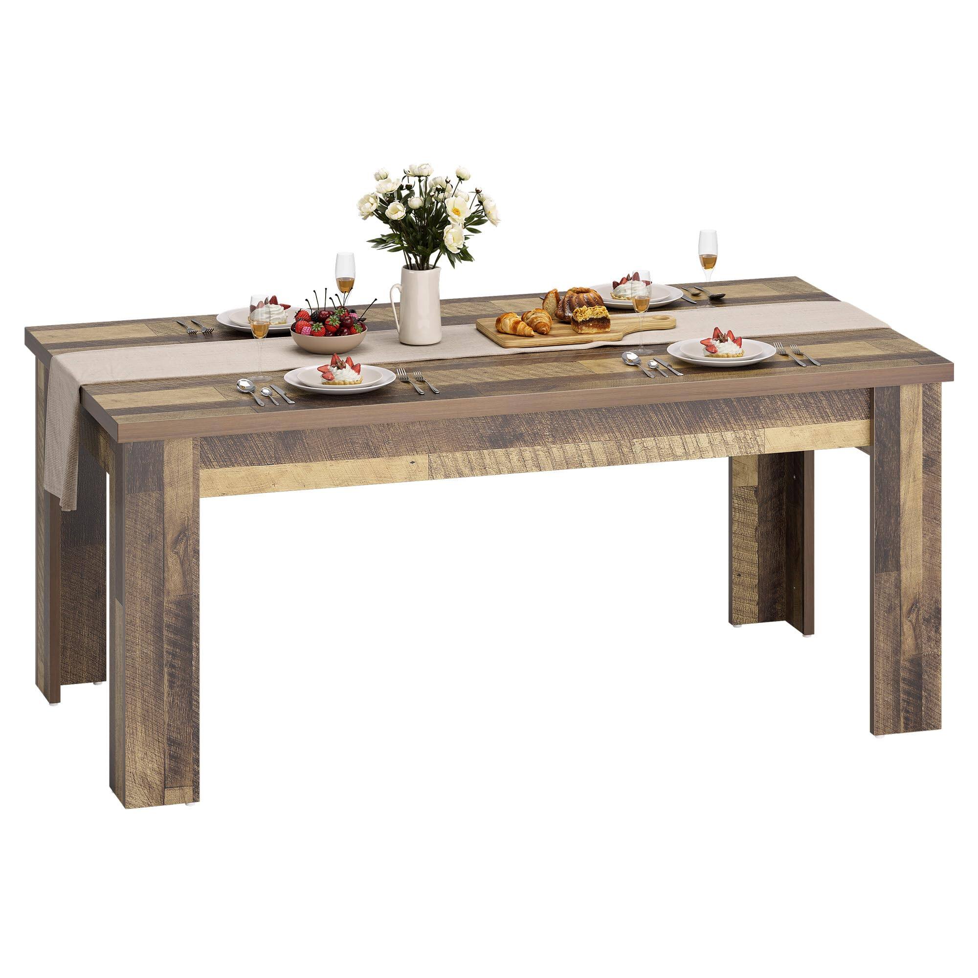 Acekool - 63" Dining Table for 4-6, Farmhouse Wood Kitchen Table with 4 Strong Legs, Large Thick Tabletop - Brown Regular