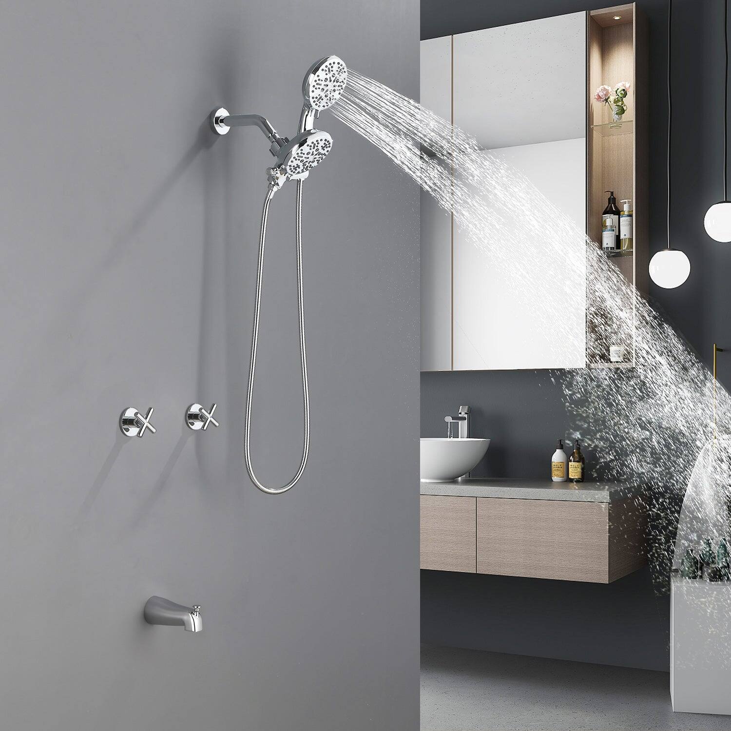 Alt View 4. Boyel Living - Polished Chrome Shower Set with 7 Function Dual Shower Heads and Tub Spout - Polished Chrome.