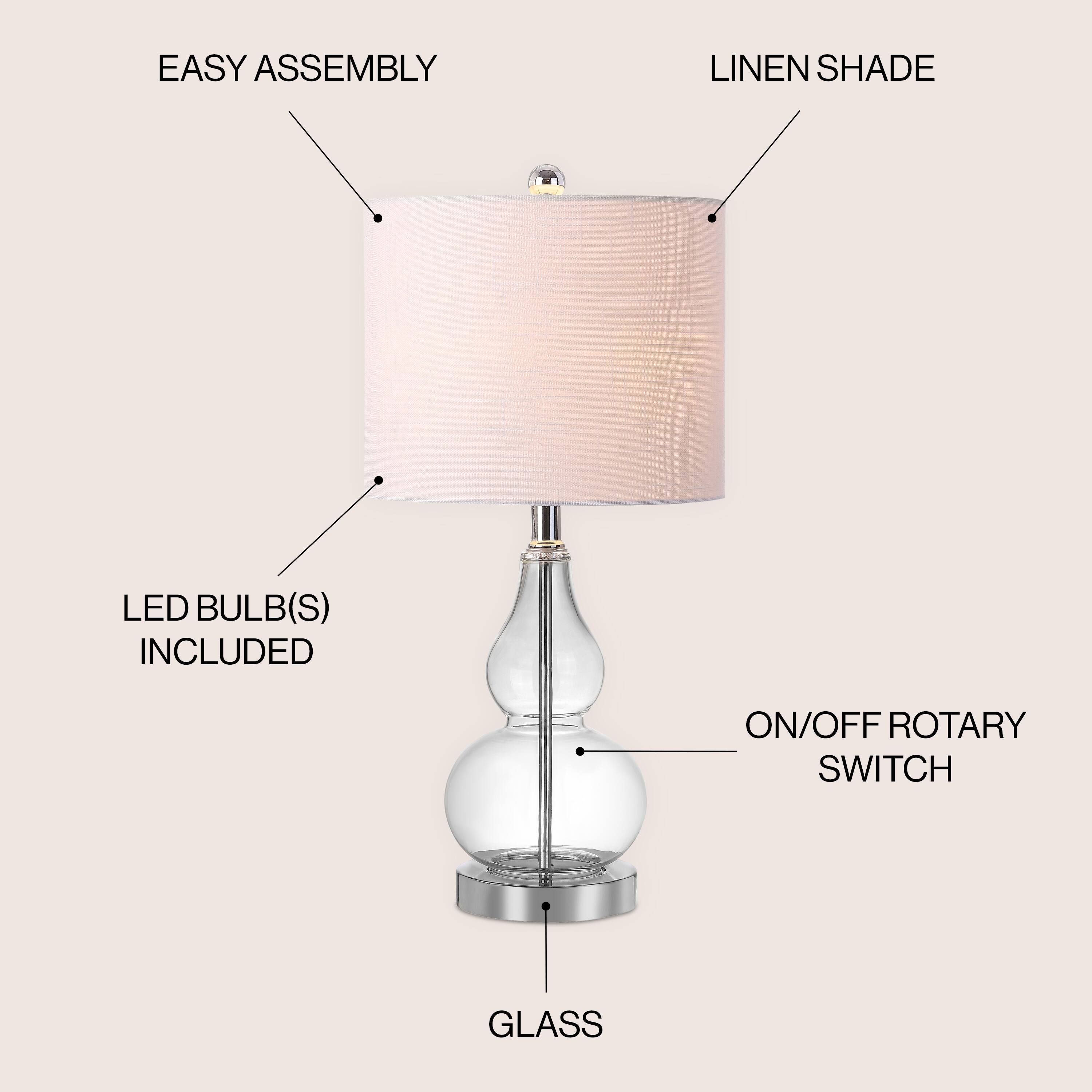 EASY ASSEMBLY  
LINEN SHADE  
LED BULB(S) INCLUDED  
ON/OFF ROTARY SWITCH  
GLASS