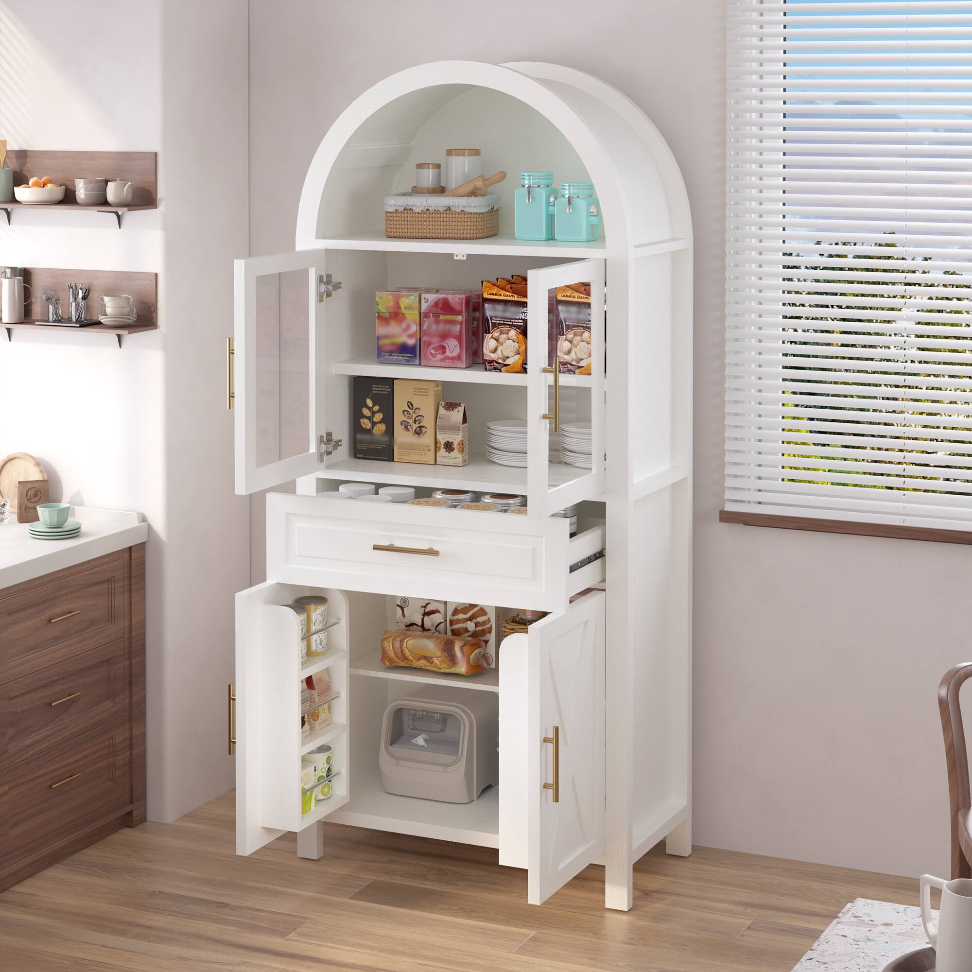 Back. Loheer - Loheer Arched Kitchen Pantry Cabinet, White Farmhouse Storage Cabinet with Glass Doors, Drawer, Adjustable Shelves - White.