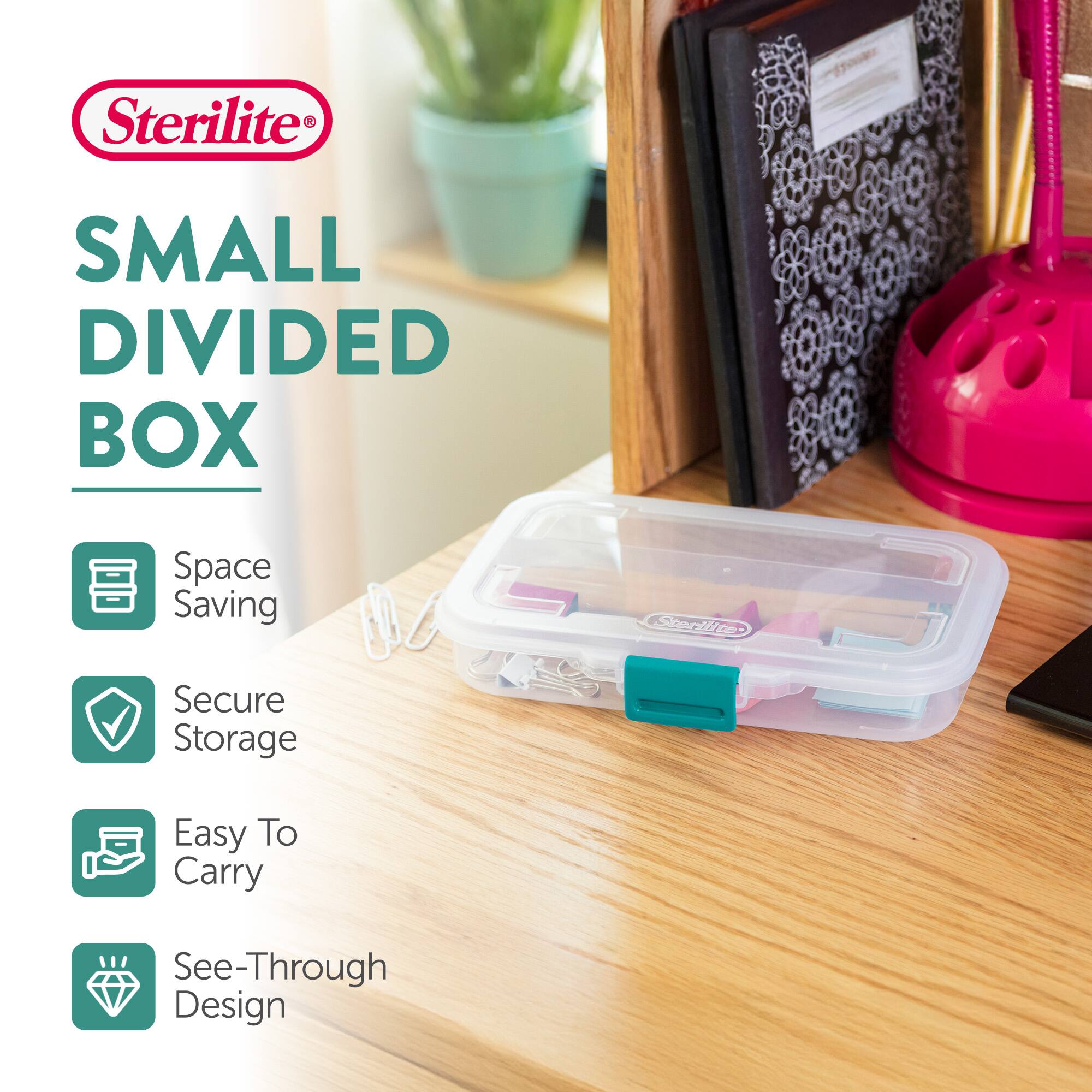 Sterilite SMALL DIVIDED BOX  
Space Saving  
Secure Storage  
Easy To Carry  
See-Through Design