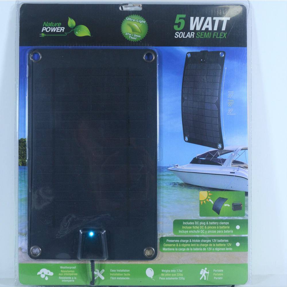 Nature POWER Ultra-Light OTI 1 2mm Thin! 5 WATT SOLAR SEMI FLEX 20 20 20 Includes DC plug & battery clamps Incluse fiche DC & pinces 1 batterie incluye enchufe DC 1 pinzas para bateria Preserves charge & trickle charges 12V batteries Conserve & régime lent l charge de a batterie 12V Mantiene i carga de a bateria de 12V a régimen lento Weatherproof Rsistantes untempries Resistente 1 l intemprie Eany Installation Installation Tacile Facil instalacin Weighs only 7.7oz Ne pese QUe 220g Pesa solamente 220g Portable Portable Portati