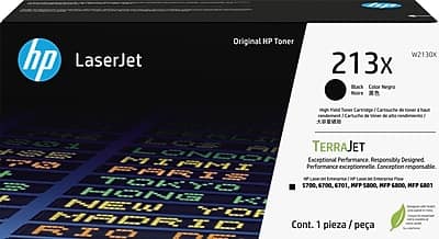 hp LaserJet Original HP Toner W2130X 213x Black Color Negra Noire  
TERRAJET Exceptional Performance. Responsibly Designed  
Performance exceptionnelle. Conception responsable  
High Yield Toner Cartridge / Cartouche de toner haute capacité  
5700, 6700, 6701, HFP 5800, MFP 6800, MF? 6801  
Cont. 1 pieza / pièce