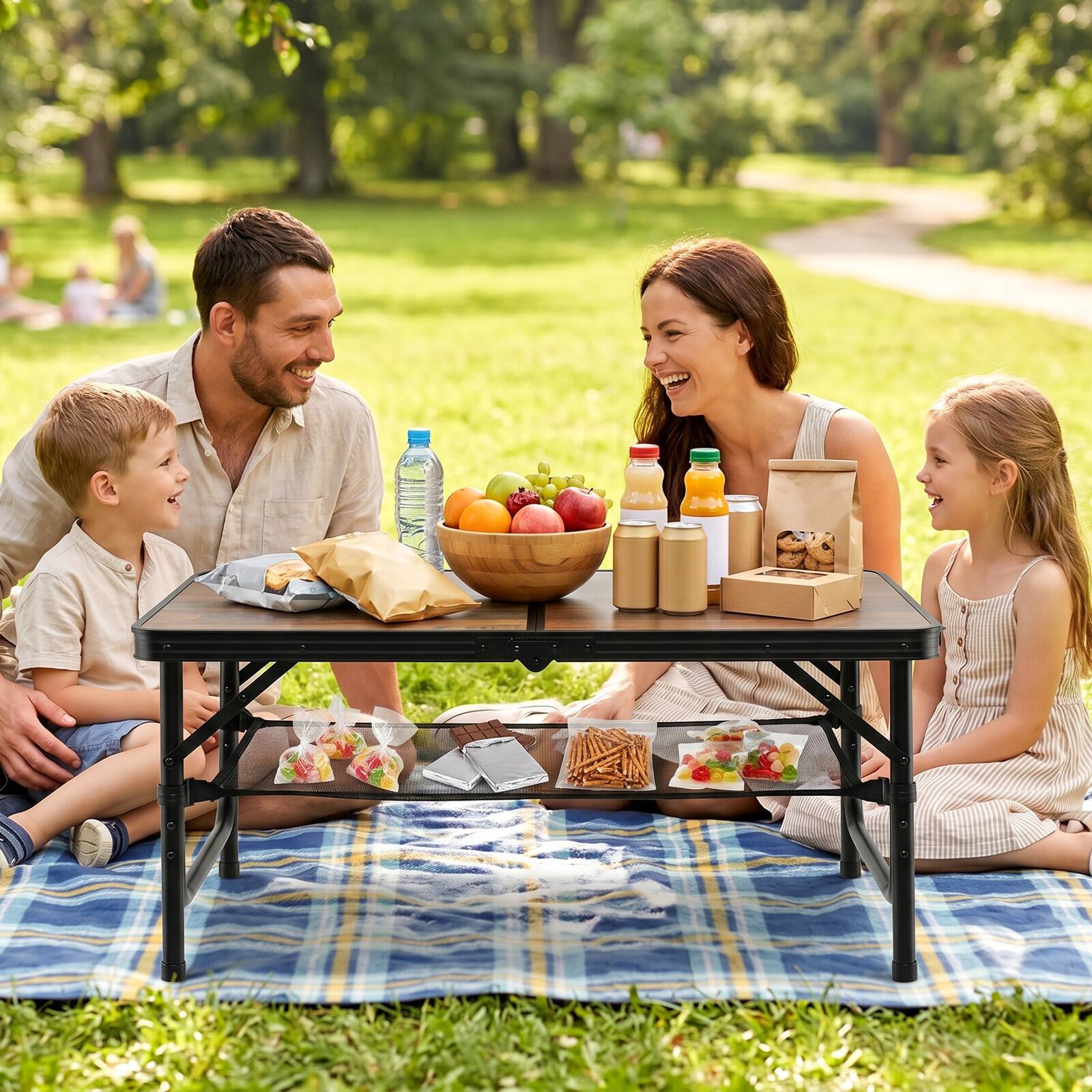 Alt View 8. Gymax - Gymax 3 FT Folding Camping Table w/Adjustable Heights Storage Net & Carry Handle - Brown.