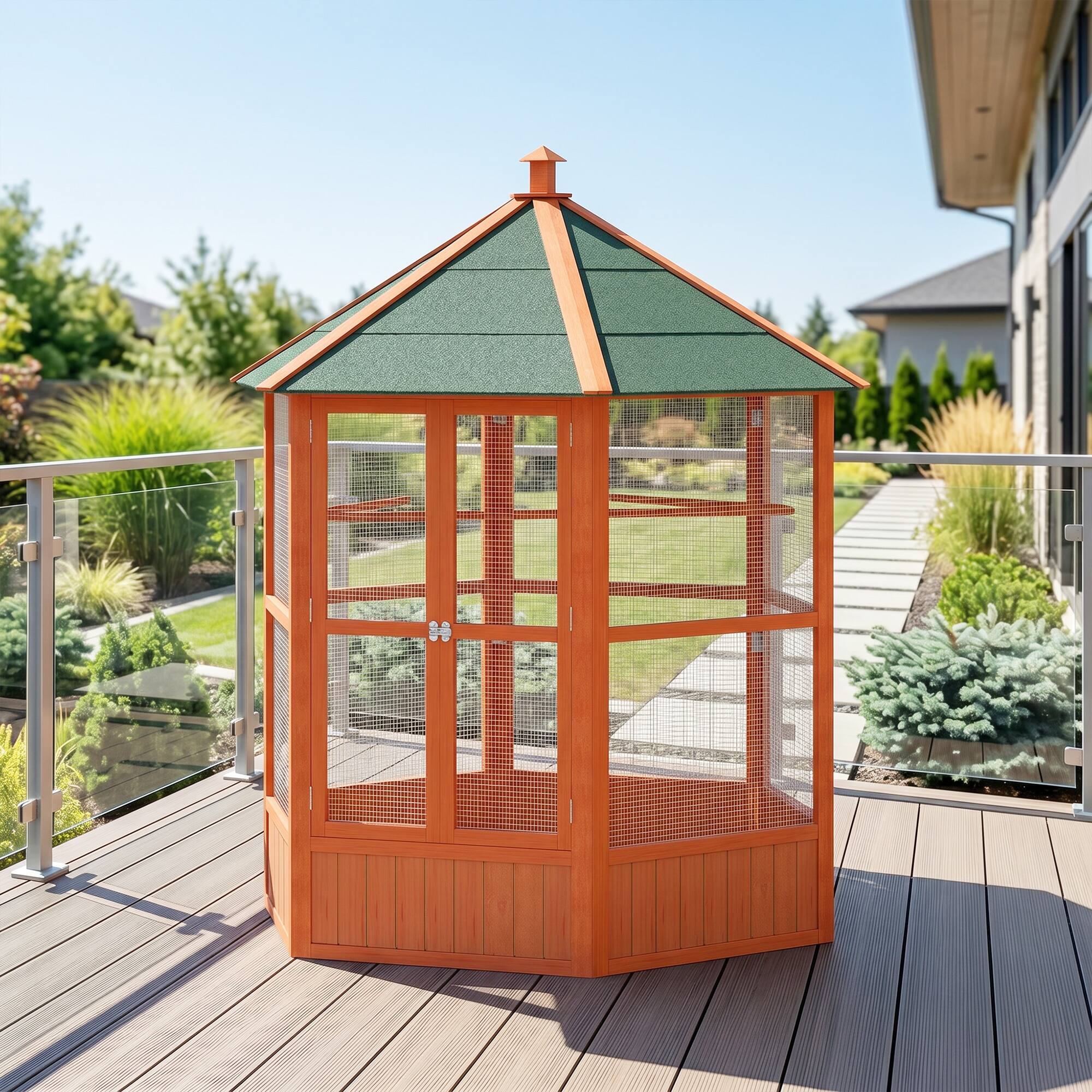 Alt View 7. Pawhut - Wooden Hexagonal Outdoor Aviary Flight Bird Cage With Covered Roof.