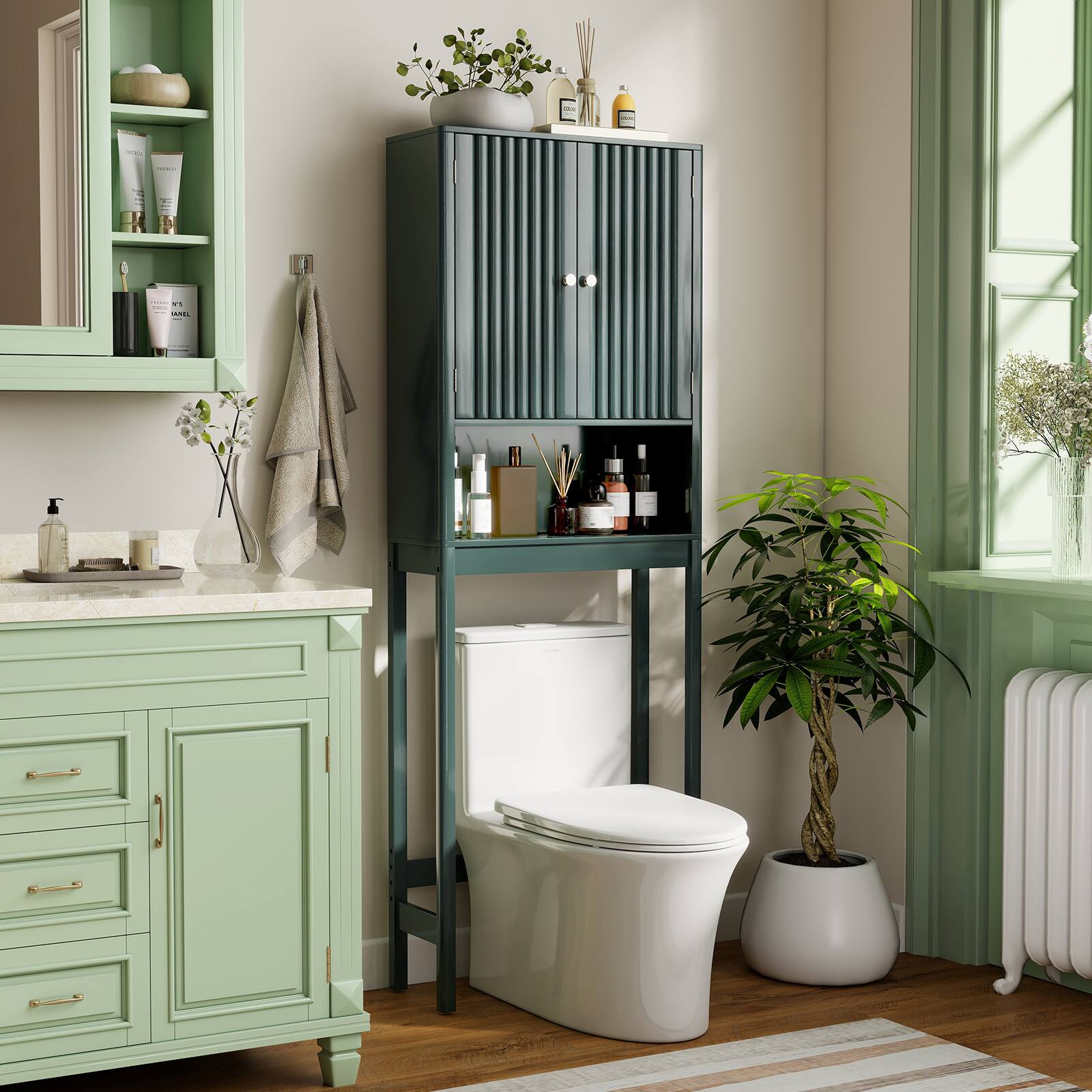 Alt View 1. Gymax - Gymax 66'' Over the Toilet Storage Cabinet w/Fluted Doors Adjustable Shelf & Bottom Bar Green - Green.