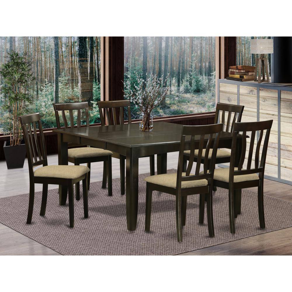 Left. East West Furniture - PFAN7-CAP-C 7 Pc Dining room set for 6-Square Dining Table with Leaf and 6 Dining Chairs - Cappuccino.