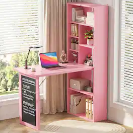 Aheaplus - Foldable Compact Desk: Built-in Outlets & Blackboard, Space-Saving Workstation for Home Office/Craft Room - Pink