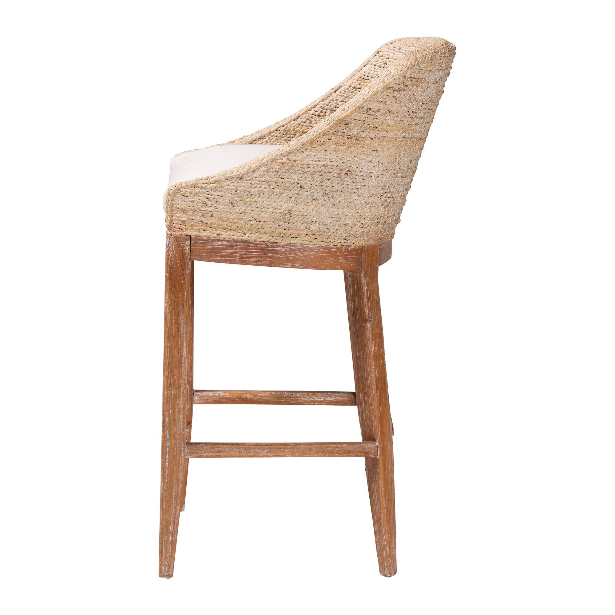 Left. bali & pari - Jasper Seagrass Bar Stool with Mahogany Wood Frame - Seating with Woven Wingback and Cushioned Seat - White Wash.