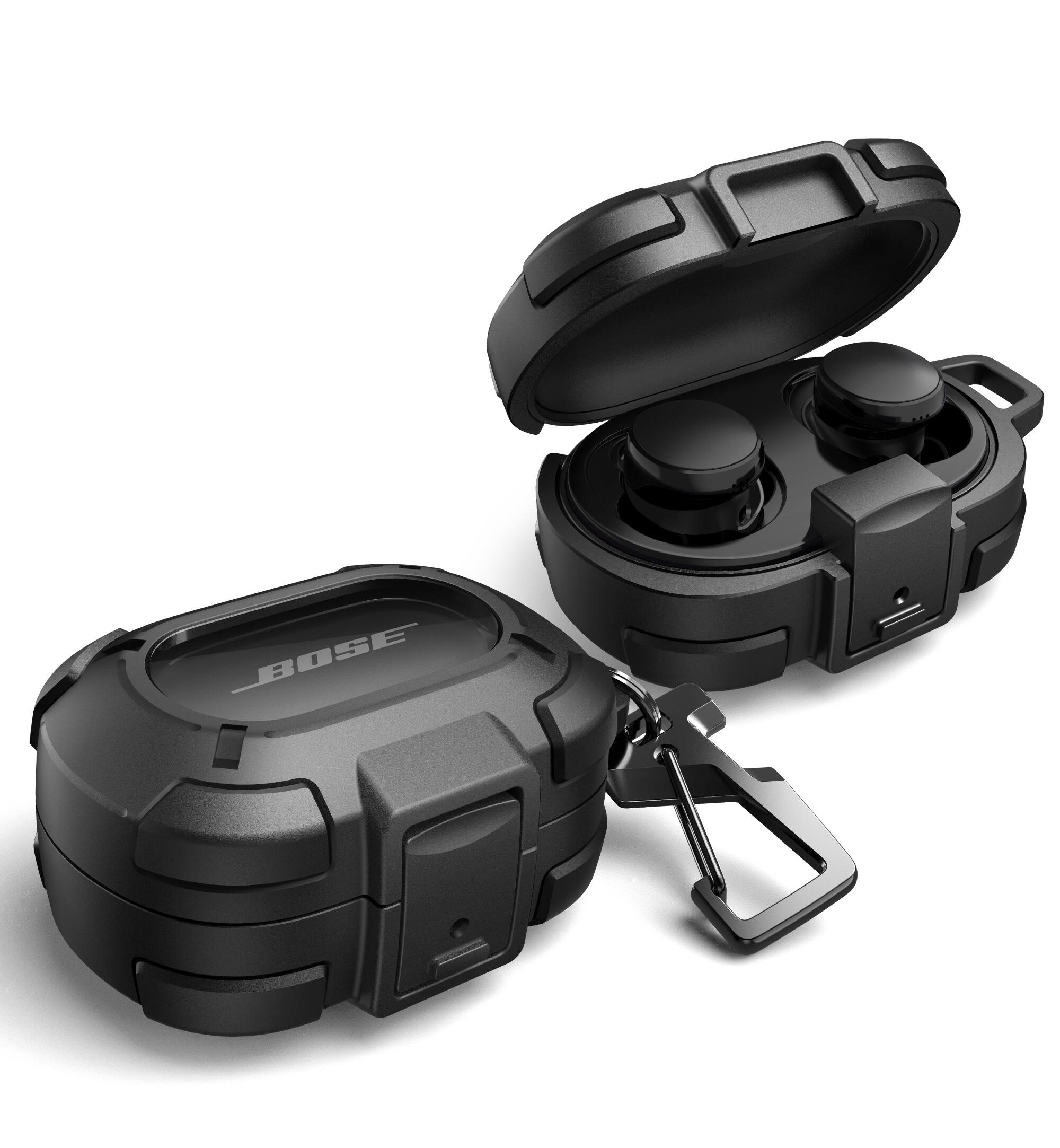 Front. Dexnor - Shockproof Case for Bose QuietComfort Earbuds Protective with Drop-Proof Lock, Carabiner, Keyring, Rugged Bumper Cover - Black.